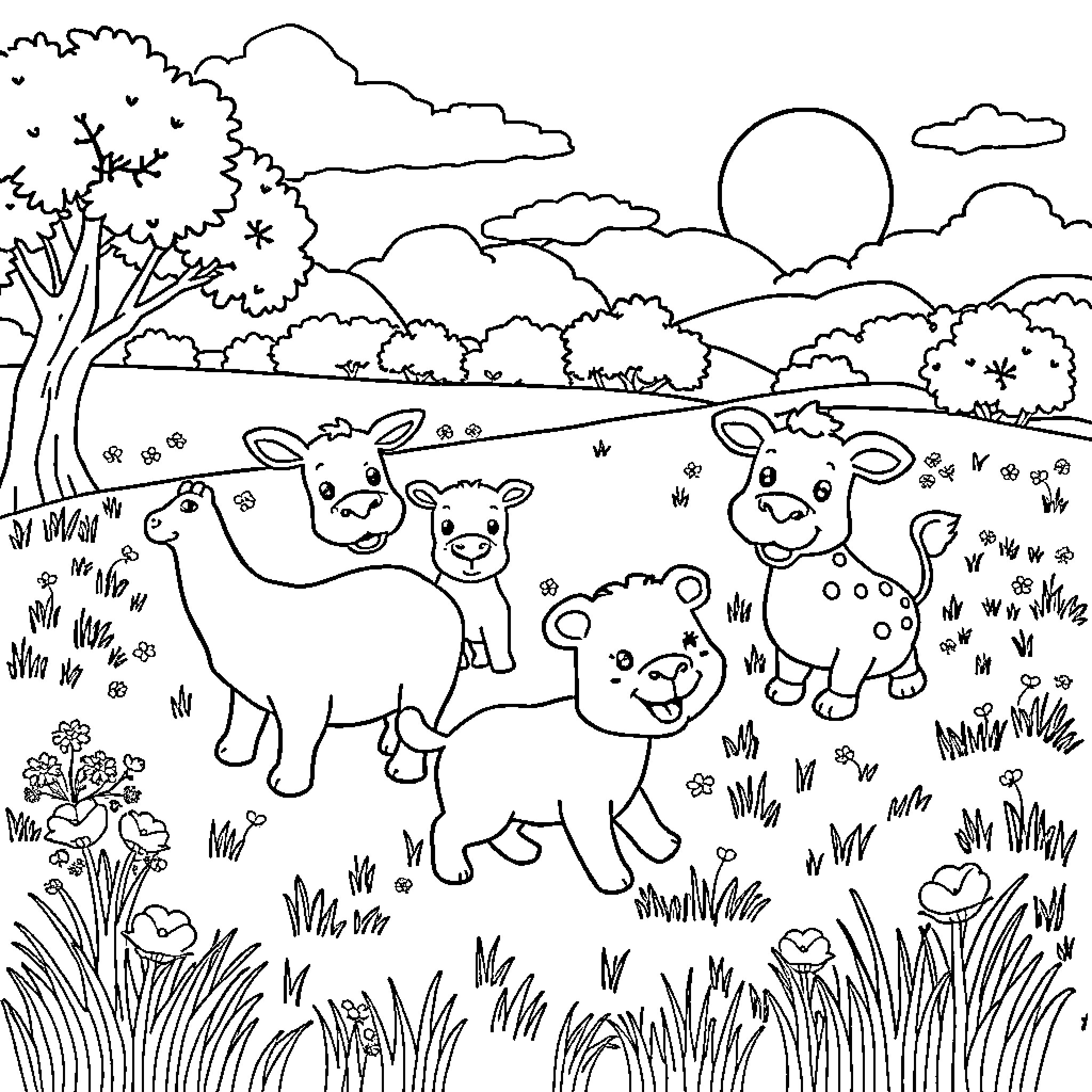 Animals playing in a scenic landscape Coloring Page (free black-and-white line drawing printable PDF for all, from beginners to advanced learners, including children, teens, adults, and seniors)