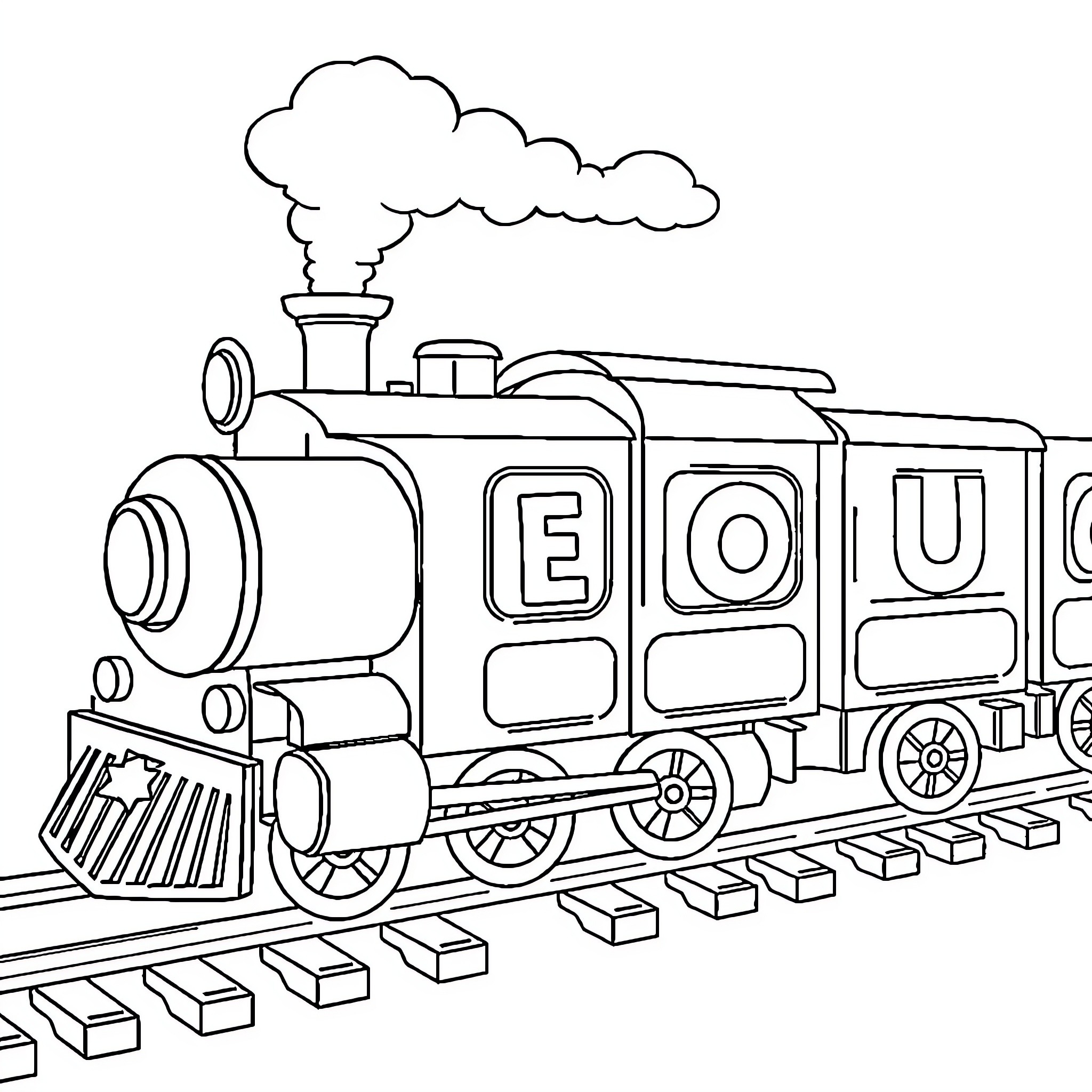 Train carrying cargo on railway tracks Coloring Page (free black-and-white line drawing printable PDF for all, from beginners to advanced learners, including children, teens, adults, and seniors)