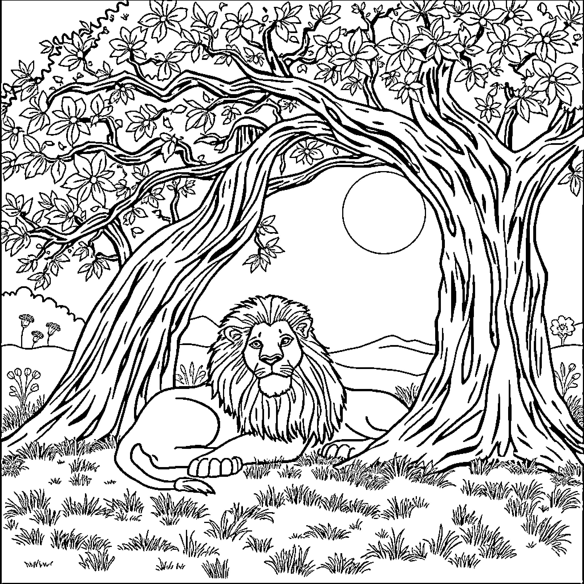 Lion resting peacefully under the moonlit tree Coloring Page (free black-and-white line drawing printable PDF for all, from beginners to advanced learners, including children, teens, adults, and seniors)
