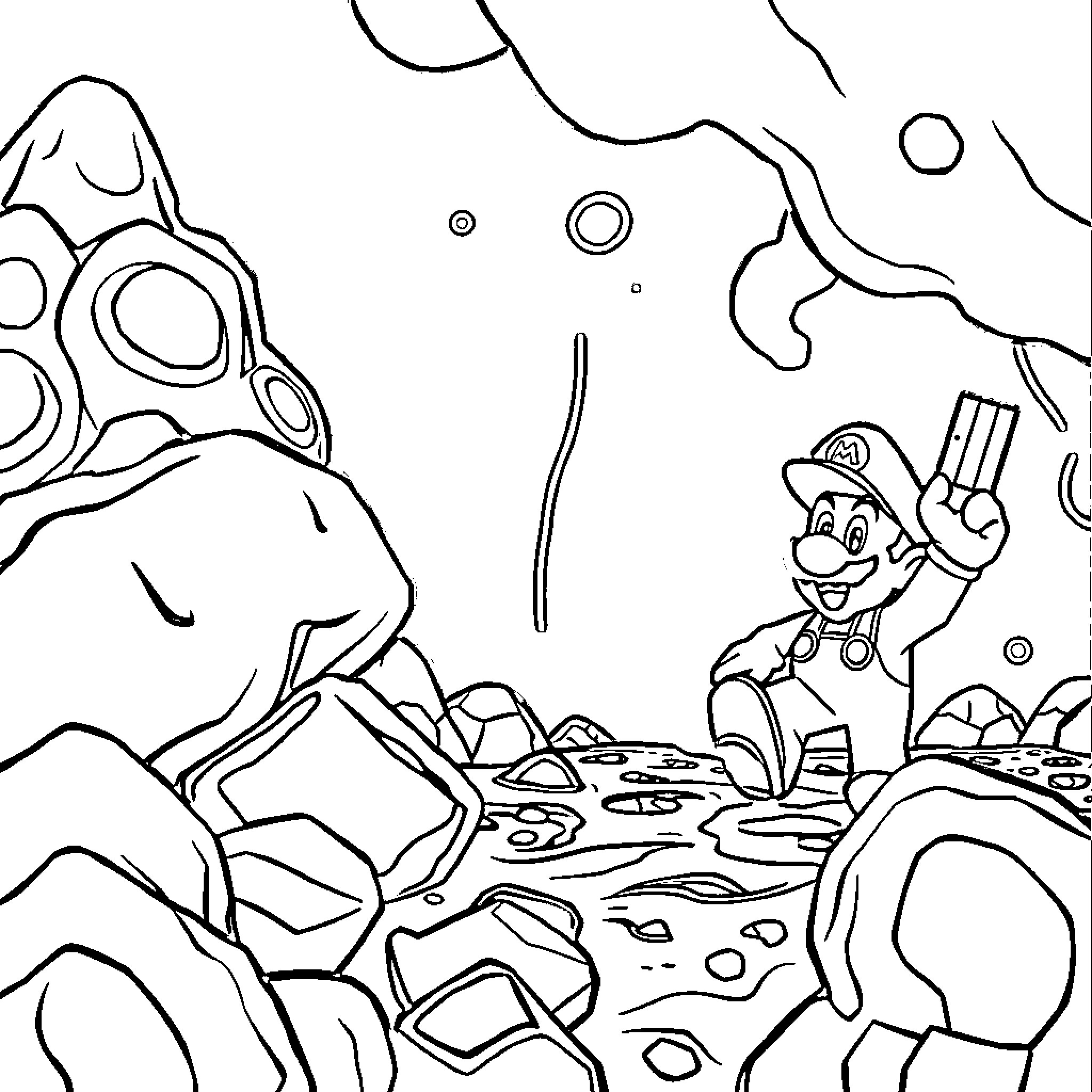 Super Mario exploring a mysterious underwater landscape Coloring Page (free black-and-white line drawing printable PDF for all, from beginners to advanced learners, including children, teens, adults, and seniors)