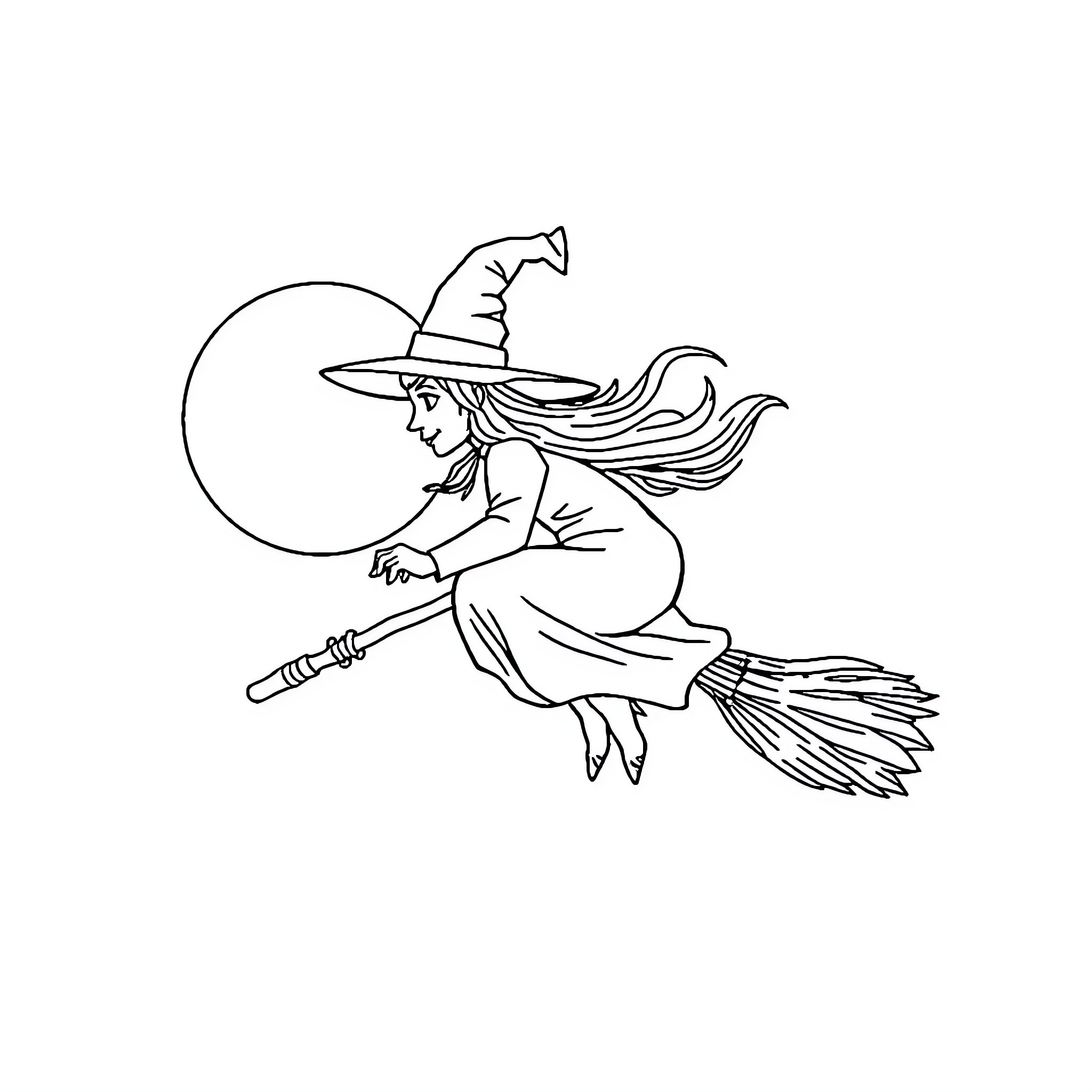 Witch riding broom against full moon Coloring Page (free black-and-white line drawing printable PDF for all, from beginners to advanced learners, including children, teens, adults, and seniors)