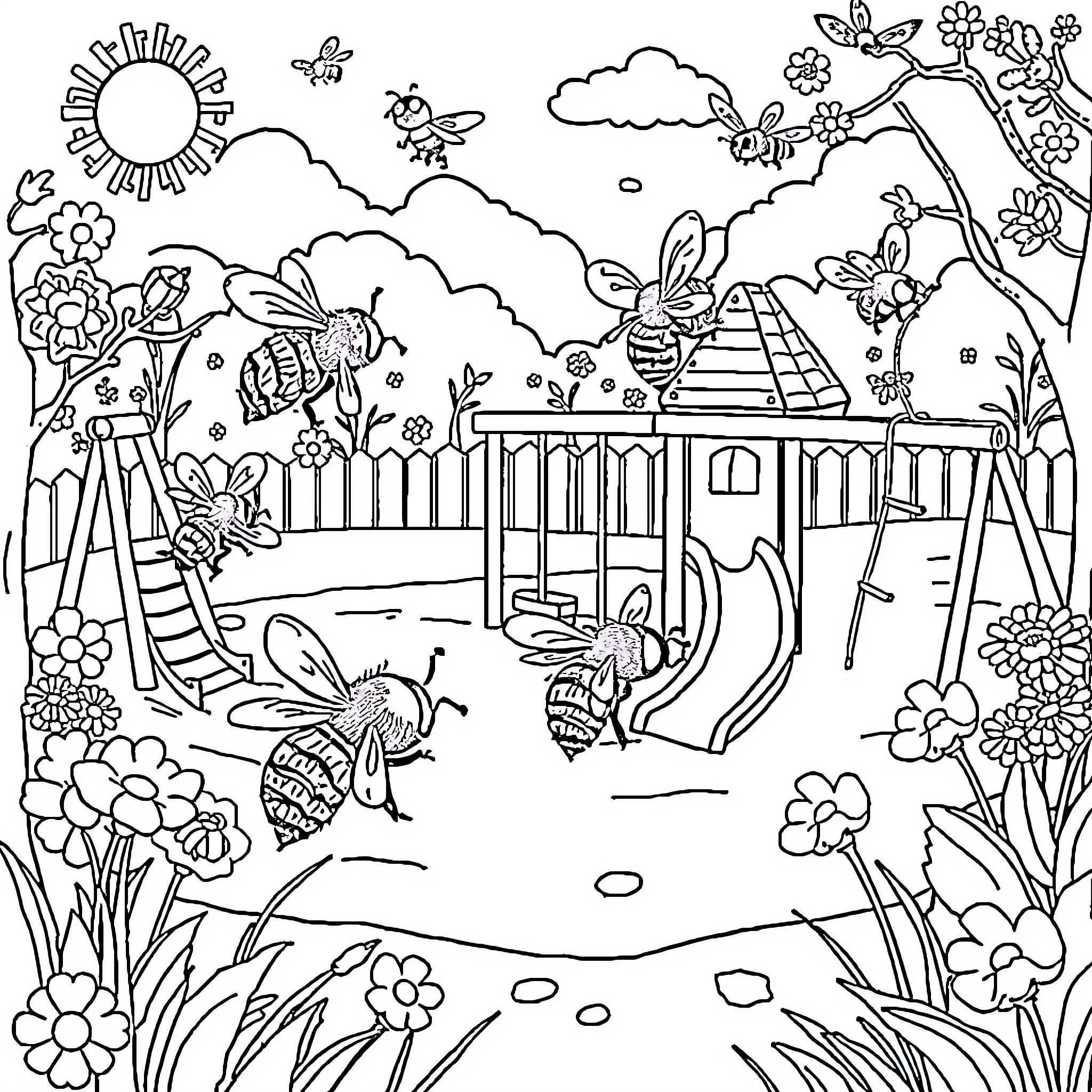 Honeybee Enjoying a Vibrant Garden Landscape Coloring Page (free black-and-white line drawing printable PDF for all, from beginners to advanced learners, including children, teens, adults, and seniors)