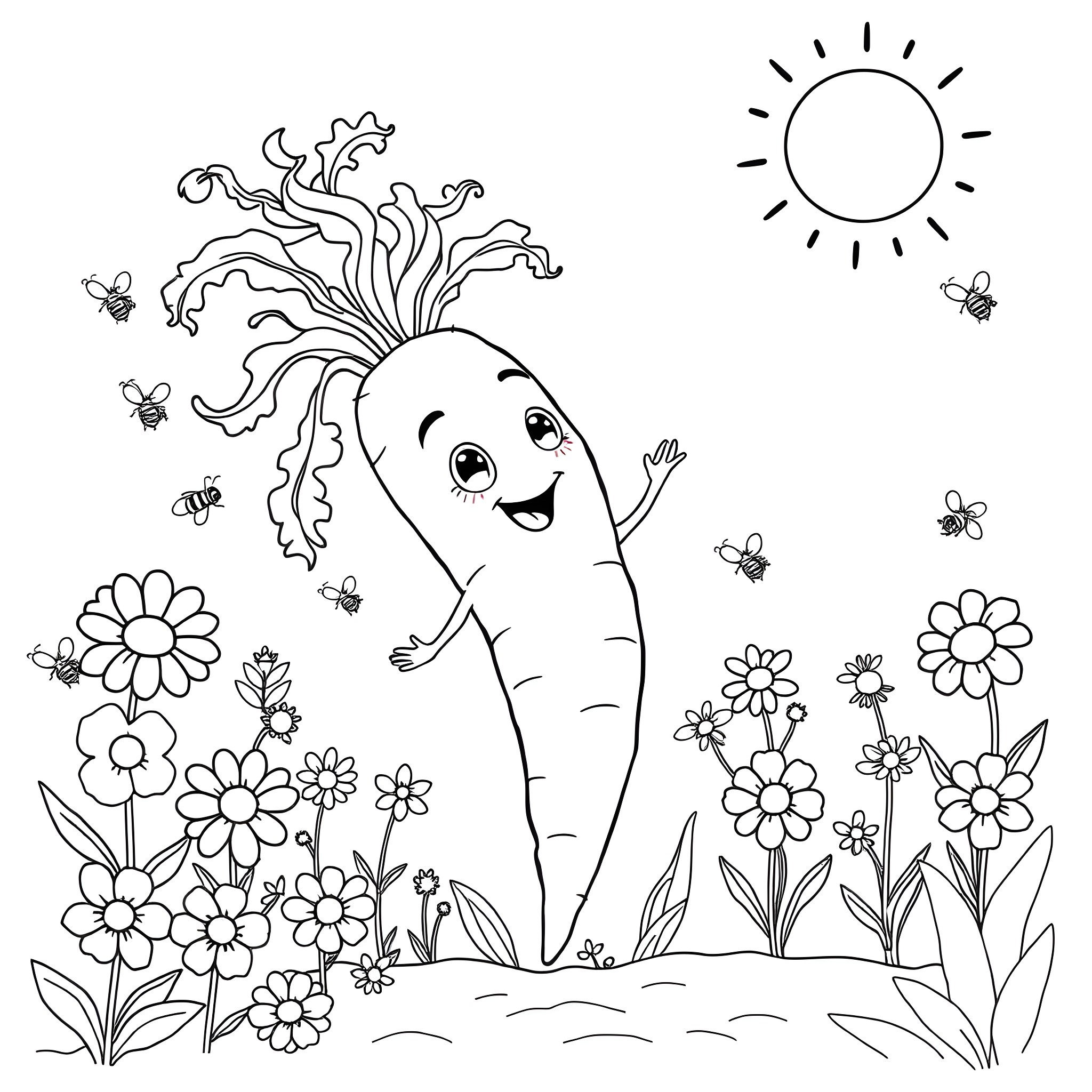 Carrot playing joyfully among flowers and bees Coloring Page (free black-and-white line drawing printable PDF for all, from beginners to advanced learners, including children, teens, adults, and seniors)