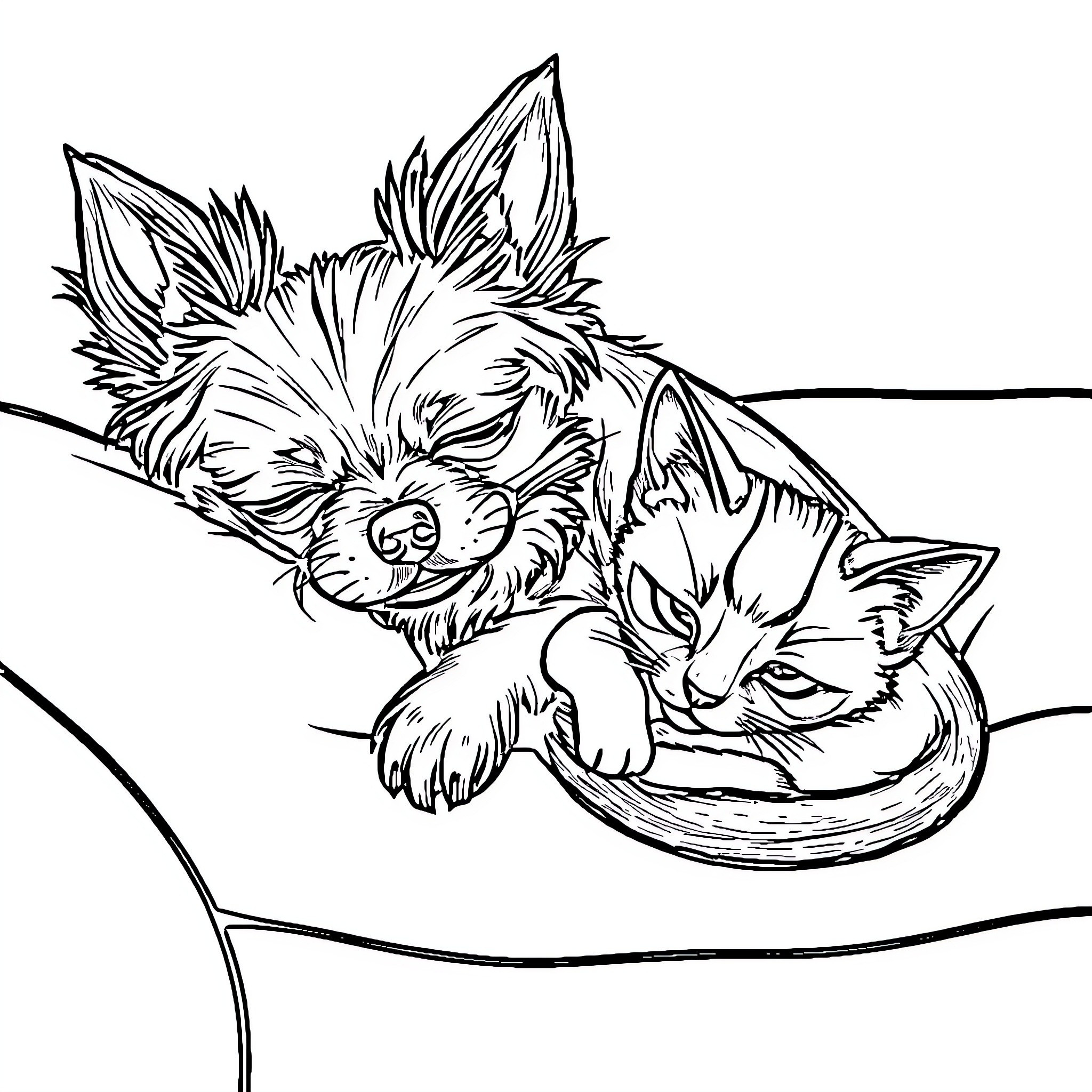 Dog and cat napping together peacefully Coloring Page (free black-and-white line drawing printable PDF for all, from beginners to advanced learners, including children, teens, adults, and seniors)