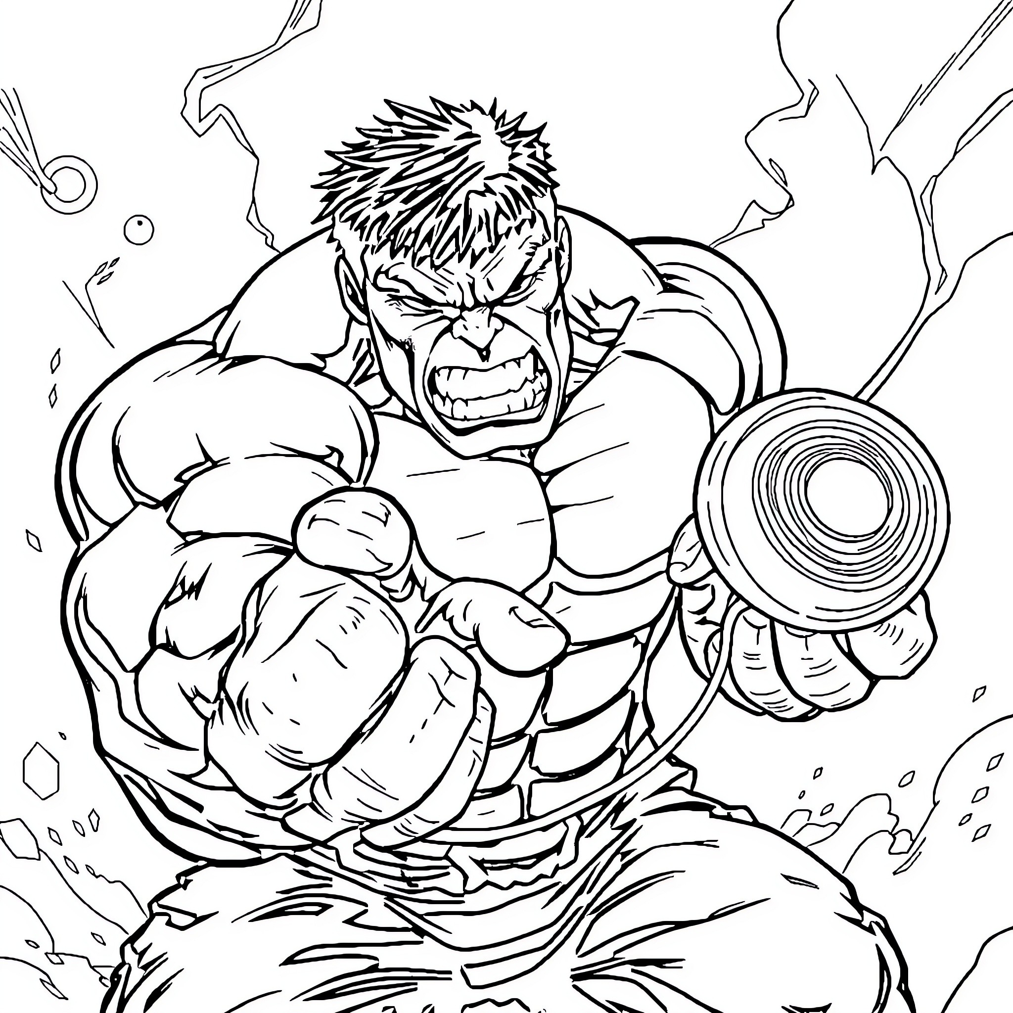 Hulk Demolishing Surroundings with Intense Aggression Coloring Page (free black-and-white line drawing printable PDF for all, from beginners to advanced learners, including children, teens, adults, and seniors)