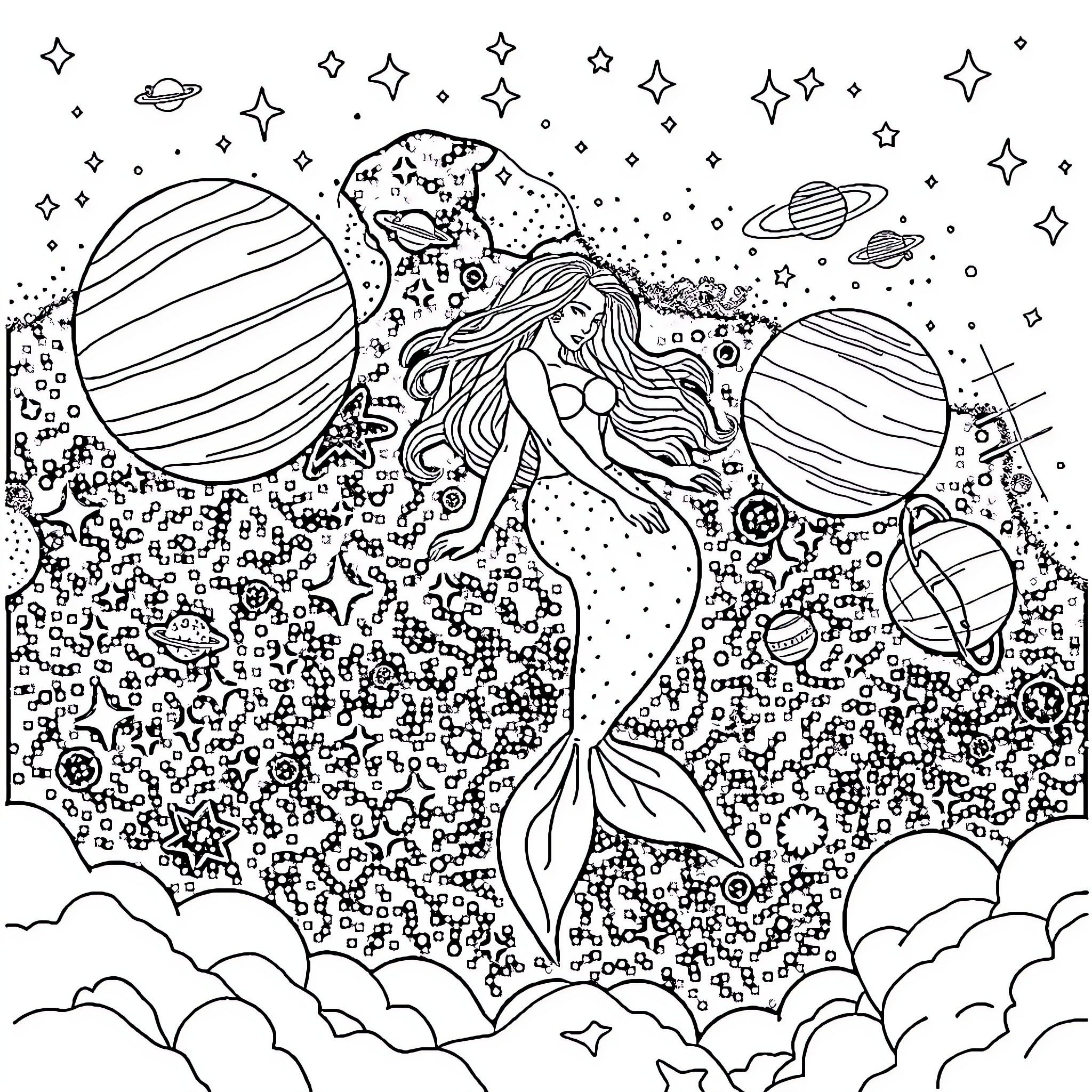 Mermaid Exploring the Cosmic Wonders Coloring Page (free black-and-white line drawing printable PDF for all, from beginners to advanced learners, including children, teens, adults, and seniors)