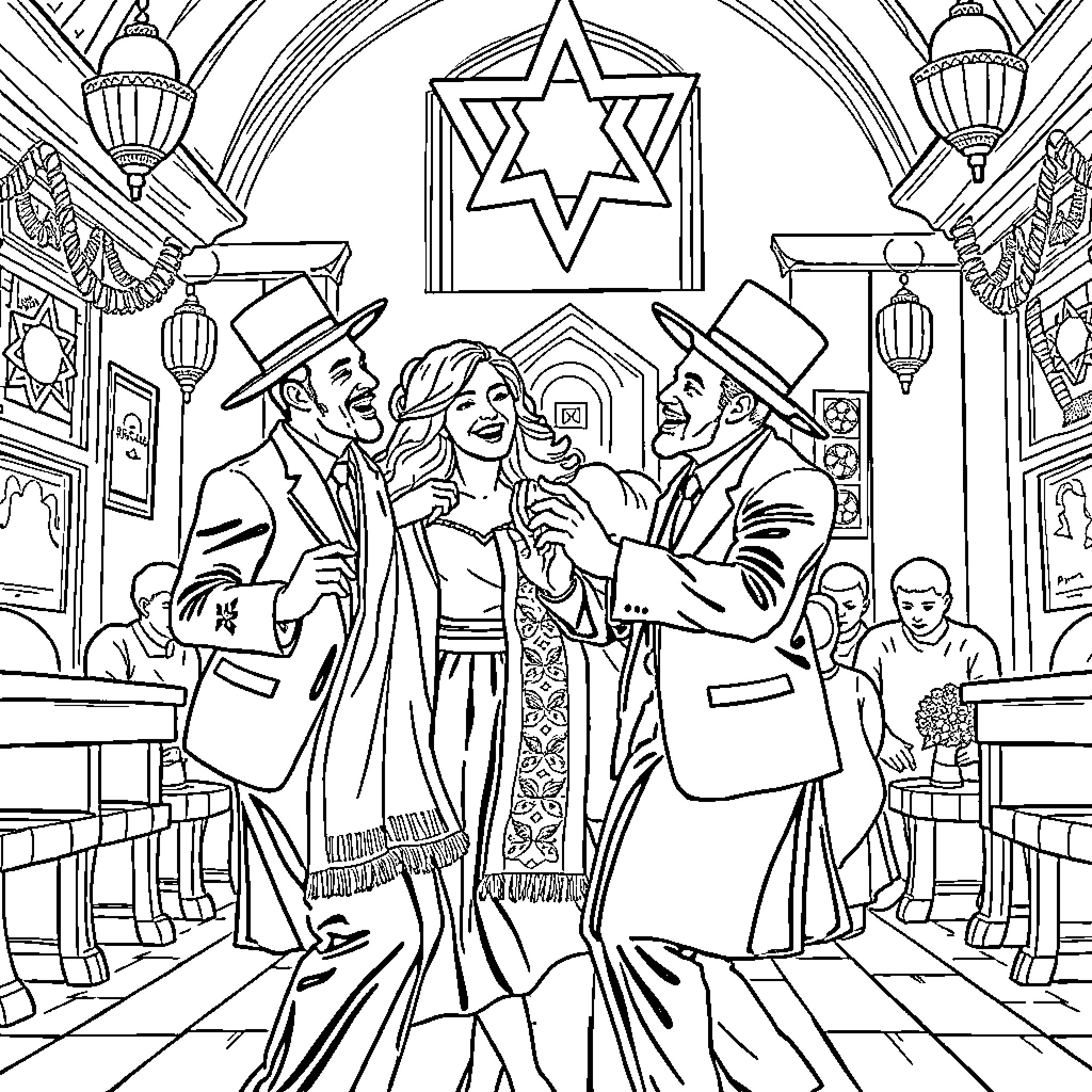 Hasidic Young Adult Celebrating in Synagogue Coloring Page (free black-and-white line drawing printable PDF for all, from beginners to advanced learners, including children, teens, adults, and seniors)