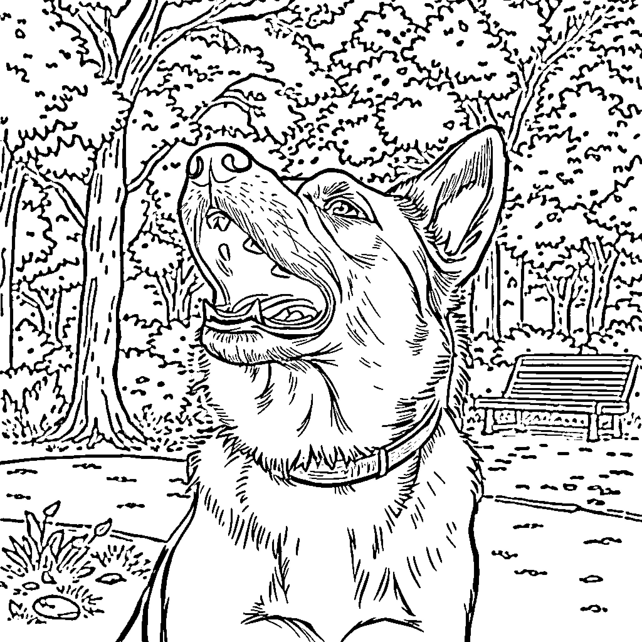 Dog Howling in the Forest Coloring Page (free black-and-white line drawing printable PDF for all, from beginners to advanced learners, including children, teens, adults, and seniors)