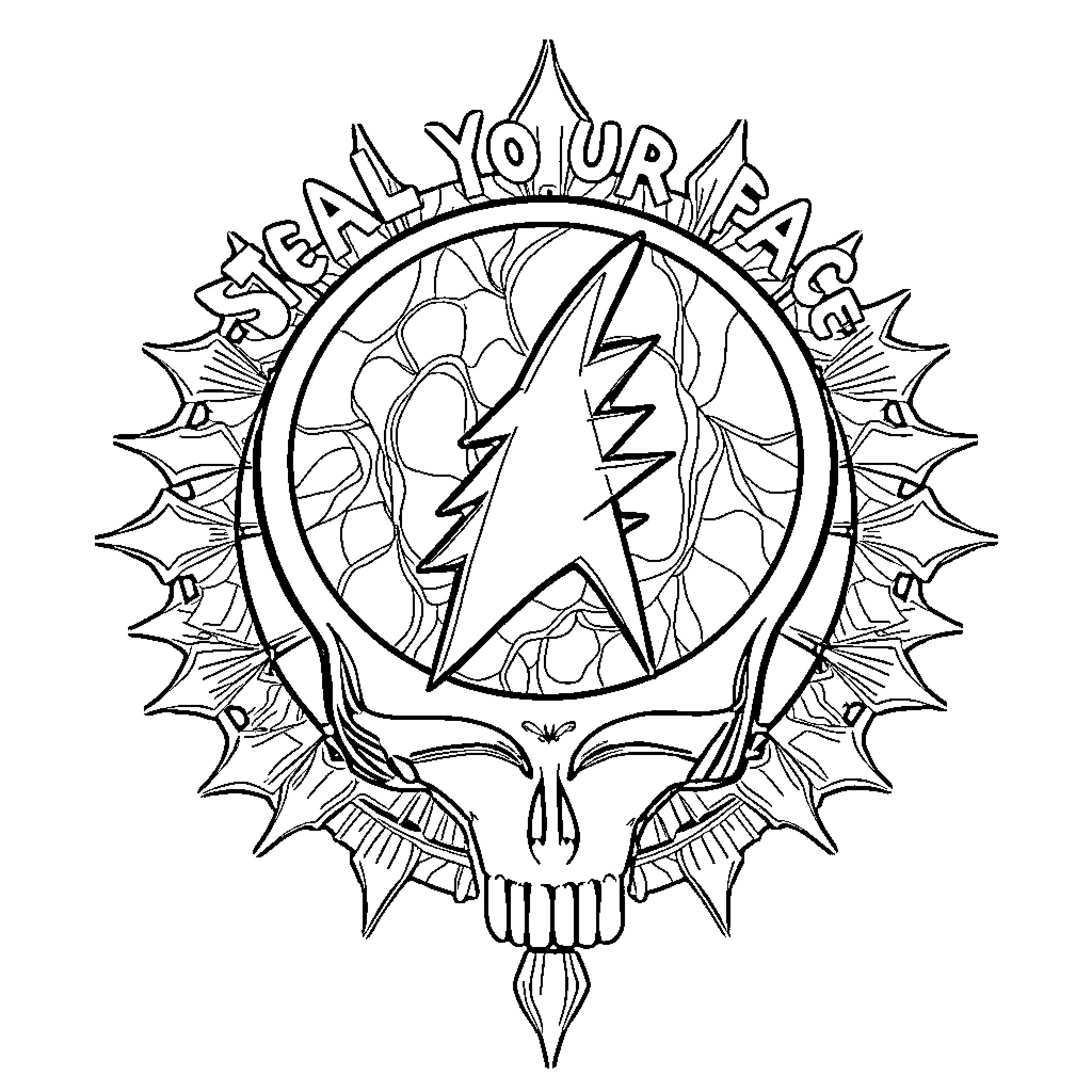 Grateful Dead Symbolic Artistic Illustration Coloring Page (free black-and-white line drawing printable PDF for all, from beginners to advanced learners, including children, teens, adults, and seniors)