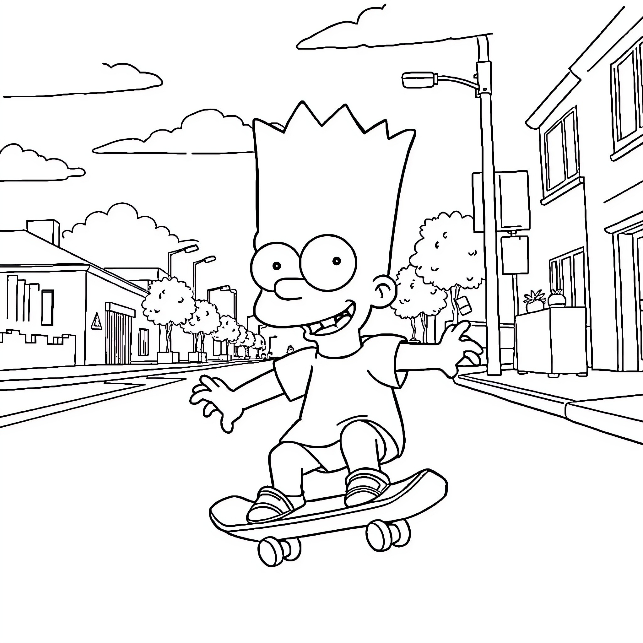 Bart Simpson skateboarding in the city Coloring Page (free black-and-white line drawing printable PDF for all, from beginners to advanced learners, including children, teens, adults, and seniors)