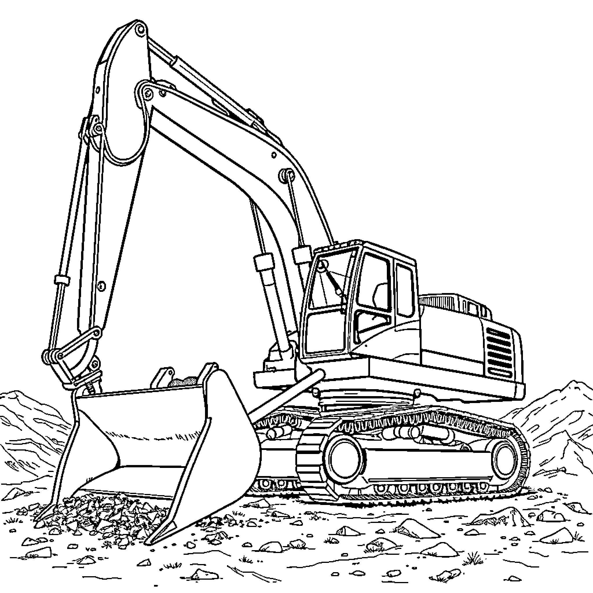 Excavator digging in construction site Coloring Page (free black-and-white line drawing printable PDF for all, from beginners to advanced learners, including children, teens, adults, and seniors)