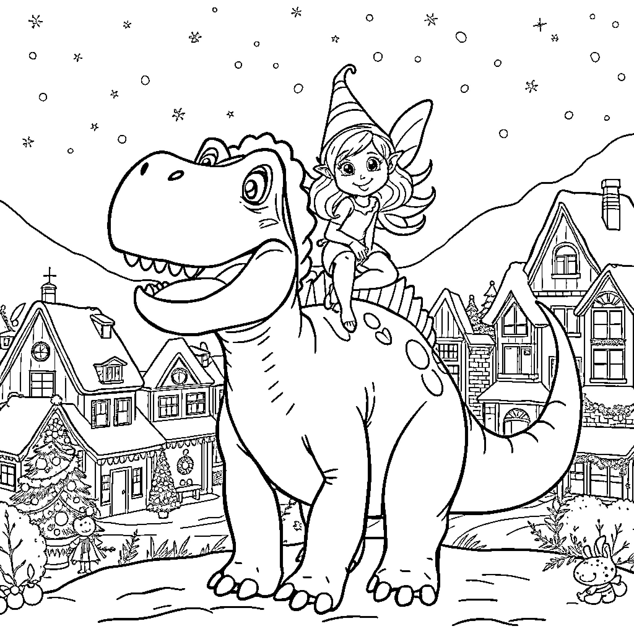 Parasaurolophus and fairy playing in snowy village Coloring Page (free black-and-white line drawing printable PDF for all, from beginners to advanced learners, including children, teens, adults, and seniors)
