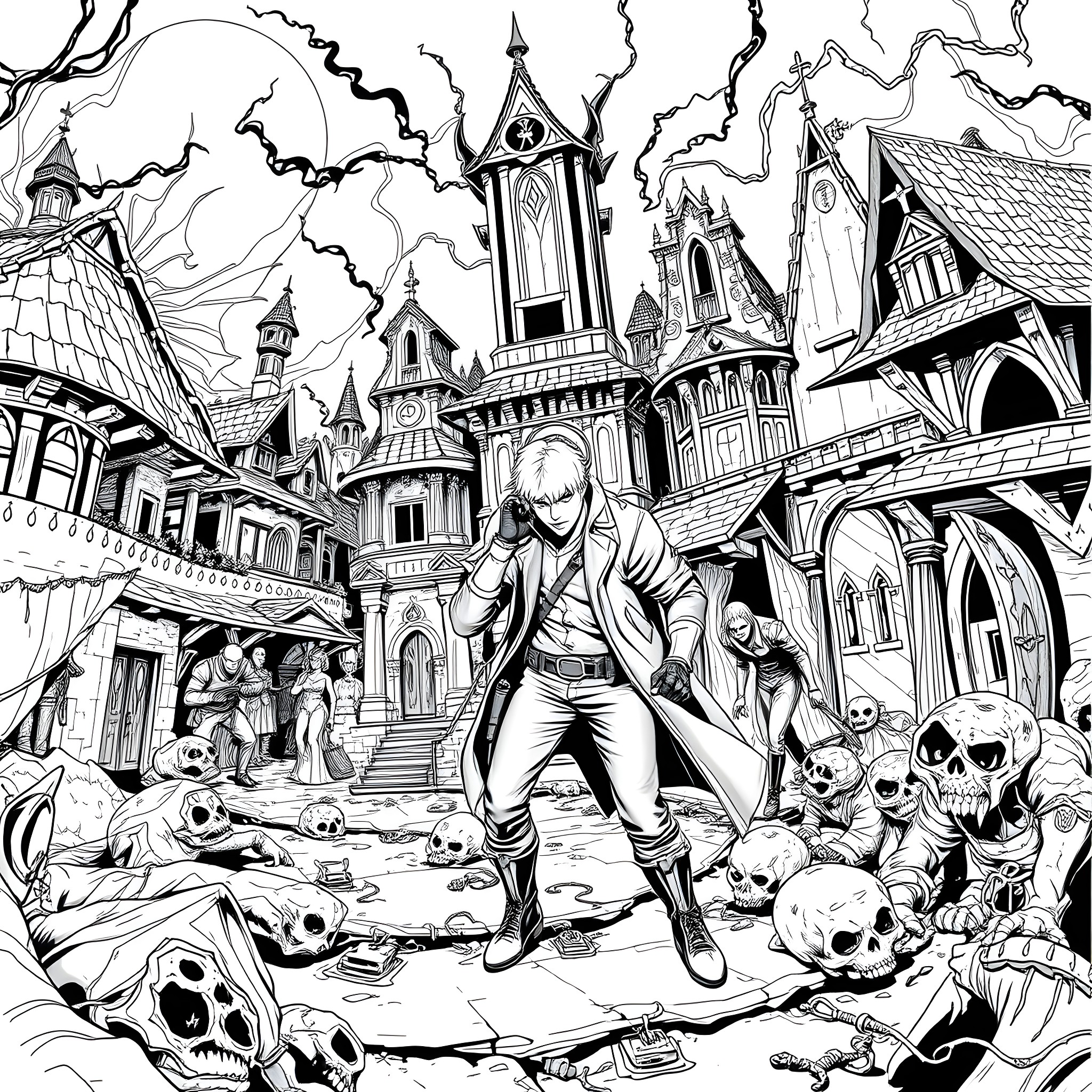 Resident Evil: Protagonist confronting hordes of undead in a haunting supernatural town Coloring Page (free black-and-white line drawing printable PDF for all, from beginners to advanced learners, including children, teens, adults, and seniors)