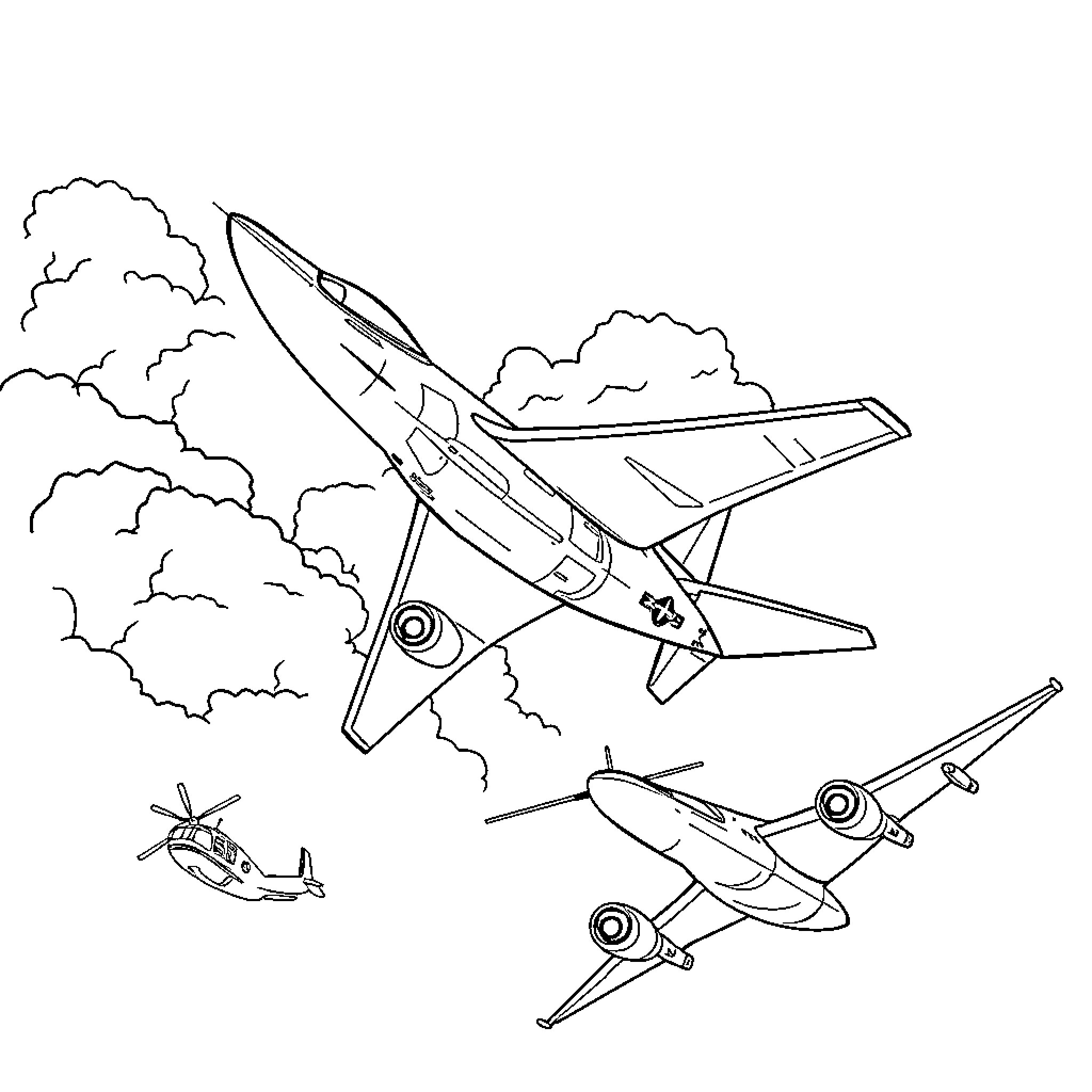 Aircraft soaring through cloudy skies Coloring Page (free black-and-white line drawing printable PDF for all, from beginners to advanced learners, including children, teens, adults, and seniors)