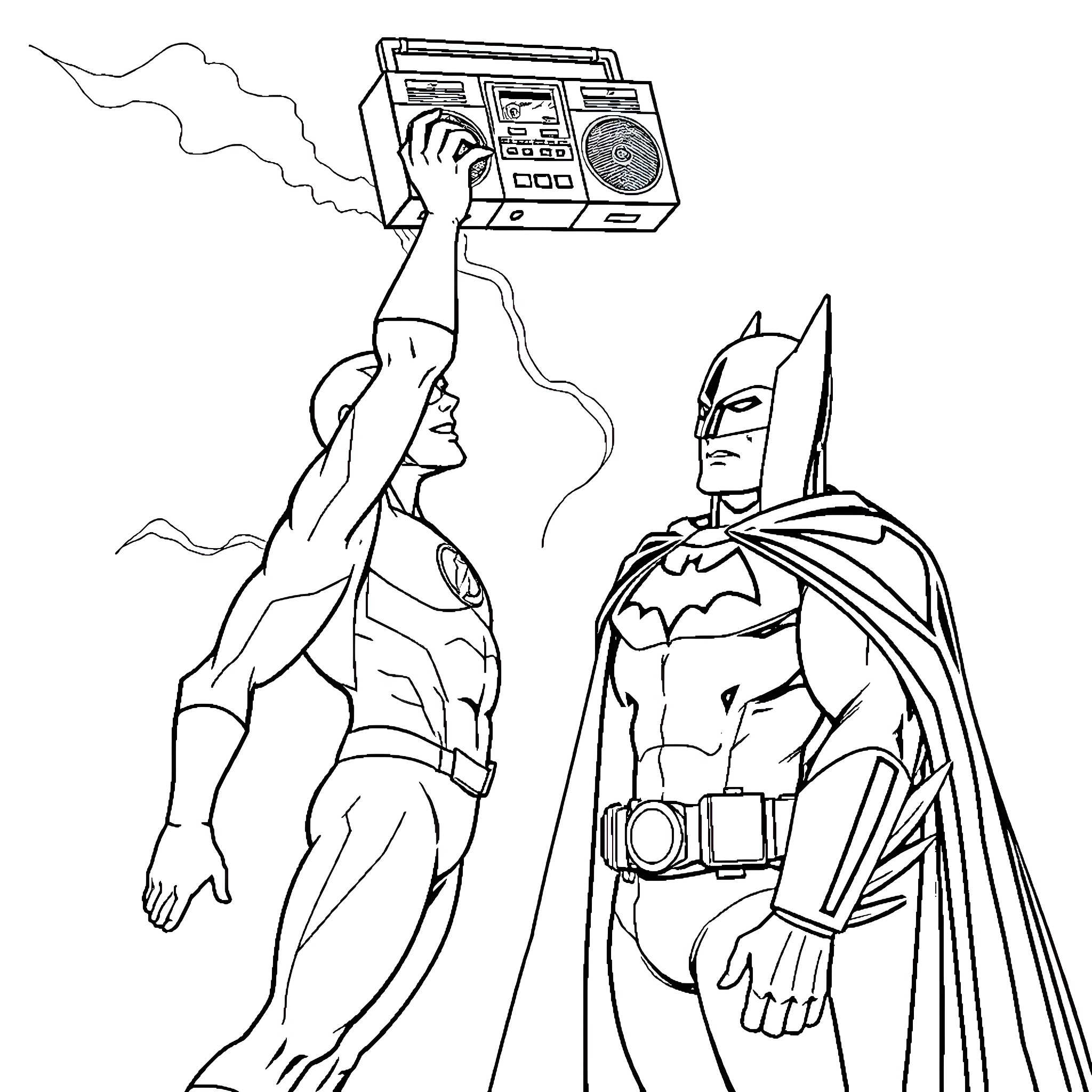 Flash playing music with Batman Coloring Page (free black-and-white line drawing printable PDF for all, from beginners to advanced learners, including children, teens, adults, and seniors)
