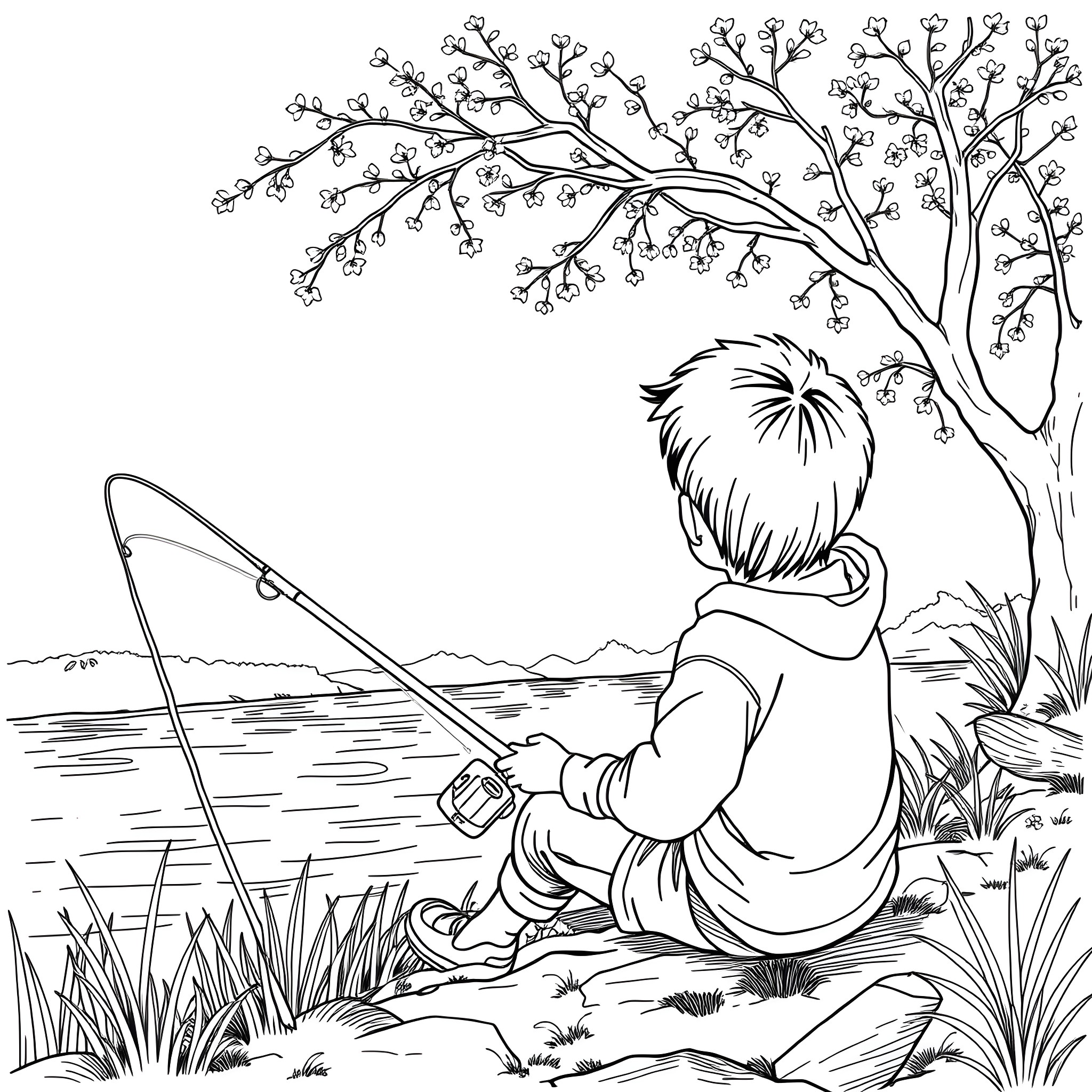 Boy fishing by the tranquil lake Coloring Page (free black-and-white line drawing printable PDF for all, from beginners to advanced learners, including children, teens, adults, and seniors)