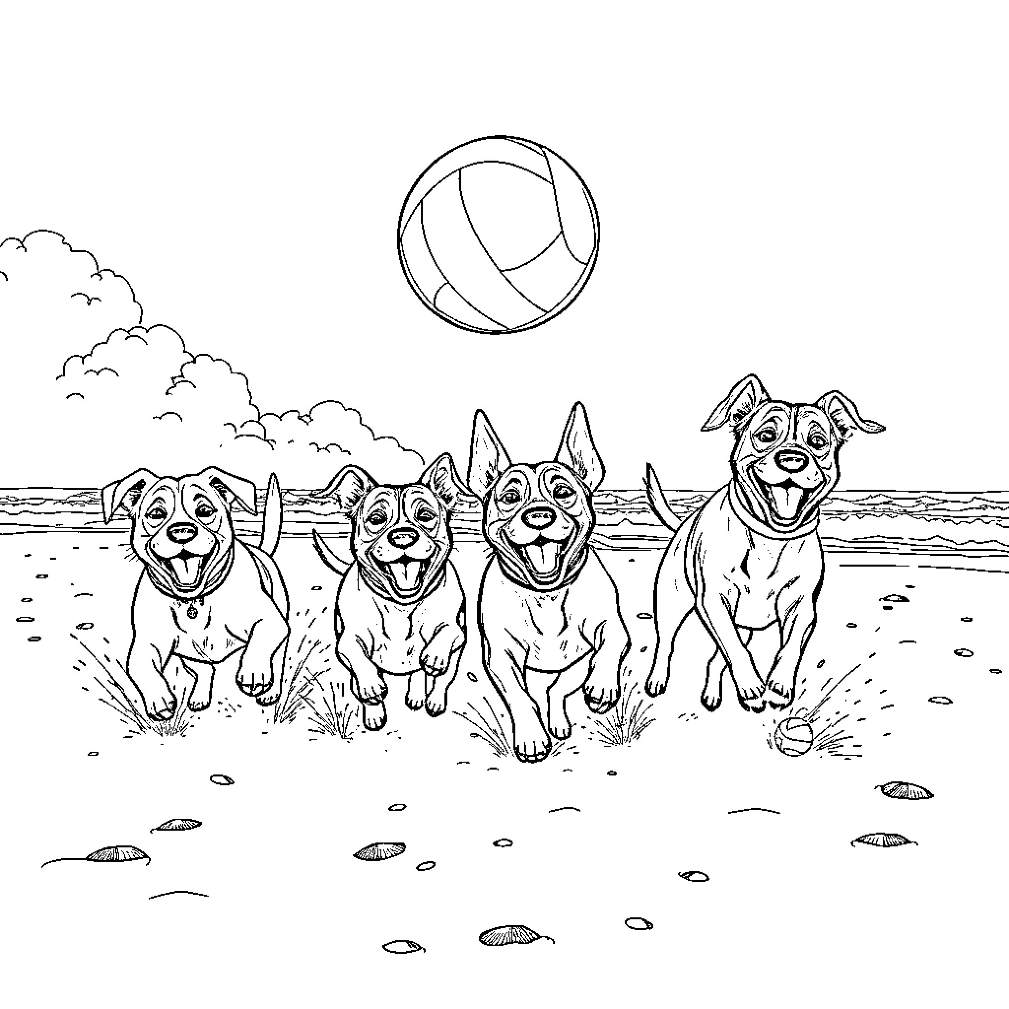 Dog playing with beach ball on the shore Coloring Page (free black-and-white line drawing printable PDF for all, from beginners to advanced learners, including children, teens, adults, and seniors)
