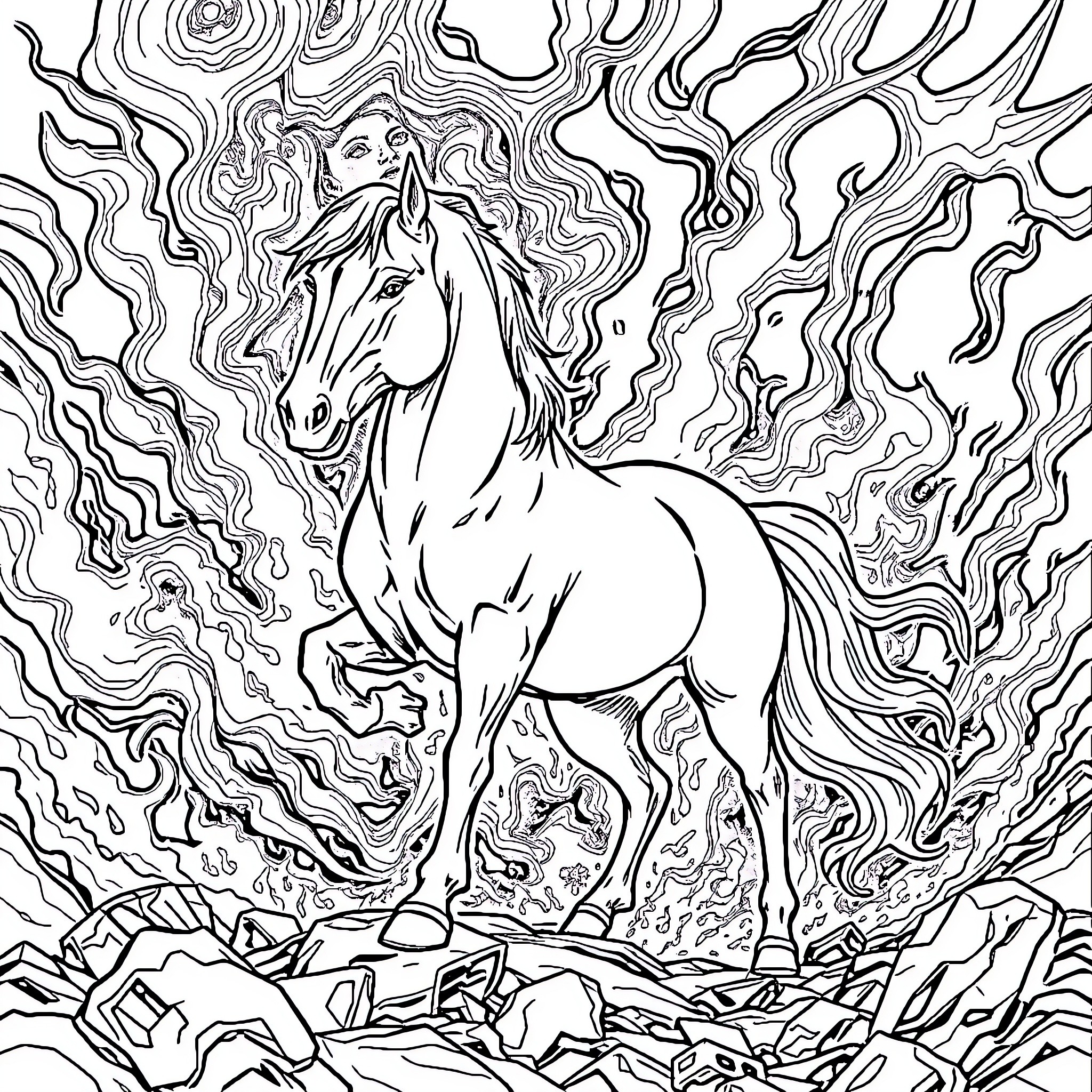 Horse in mystic forest landscape Coloring Page (free black-and-white line drawing printable PDF for all, from beginners to advanced learners, including children, teens, adults, and seniors)