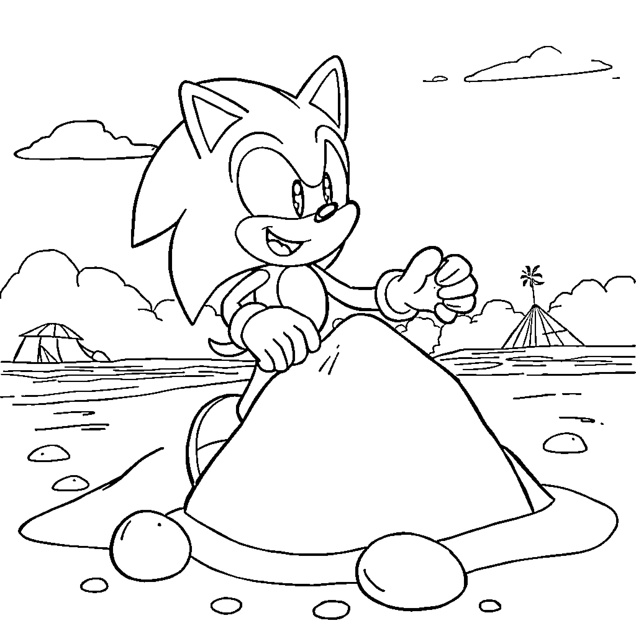 Sonic enjoying a day at the beach Coloring Page (free black-and-white line drawing printable PDF for all, from beginners to advanced learners, including children, teens, adults, and seniors)
