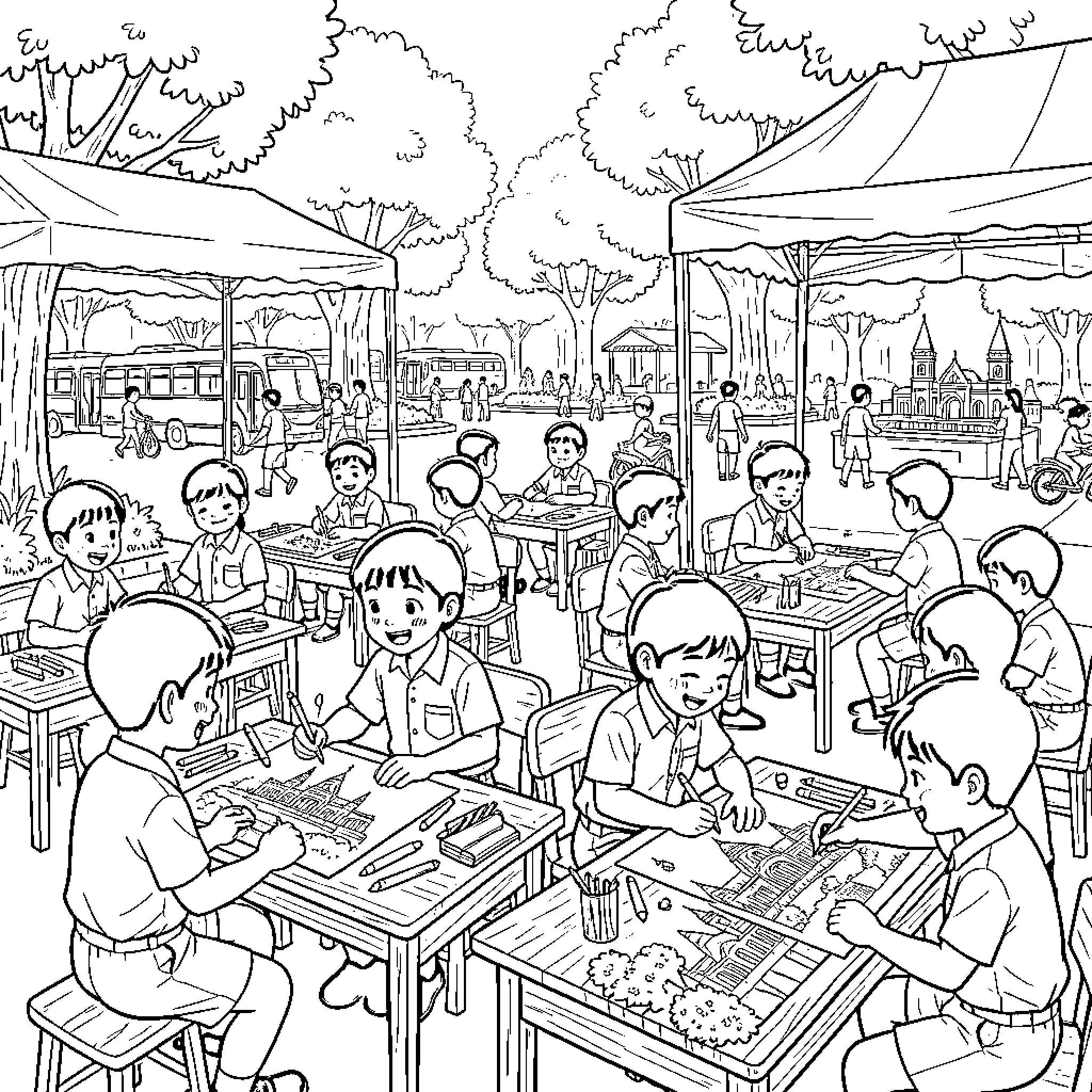 Child students sitting at desks and drawing outdoors Coloring Page (free black-and-white line drawing printable PDF for all, from beginners to advanced learners, including children, teens, adults, and seniors)