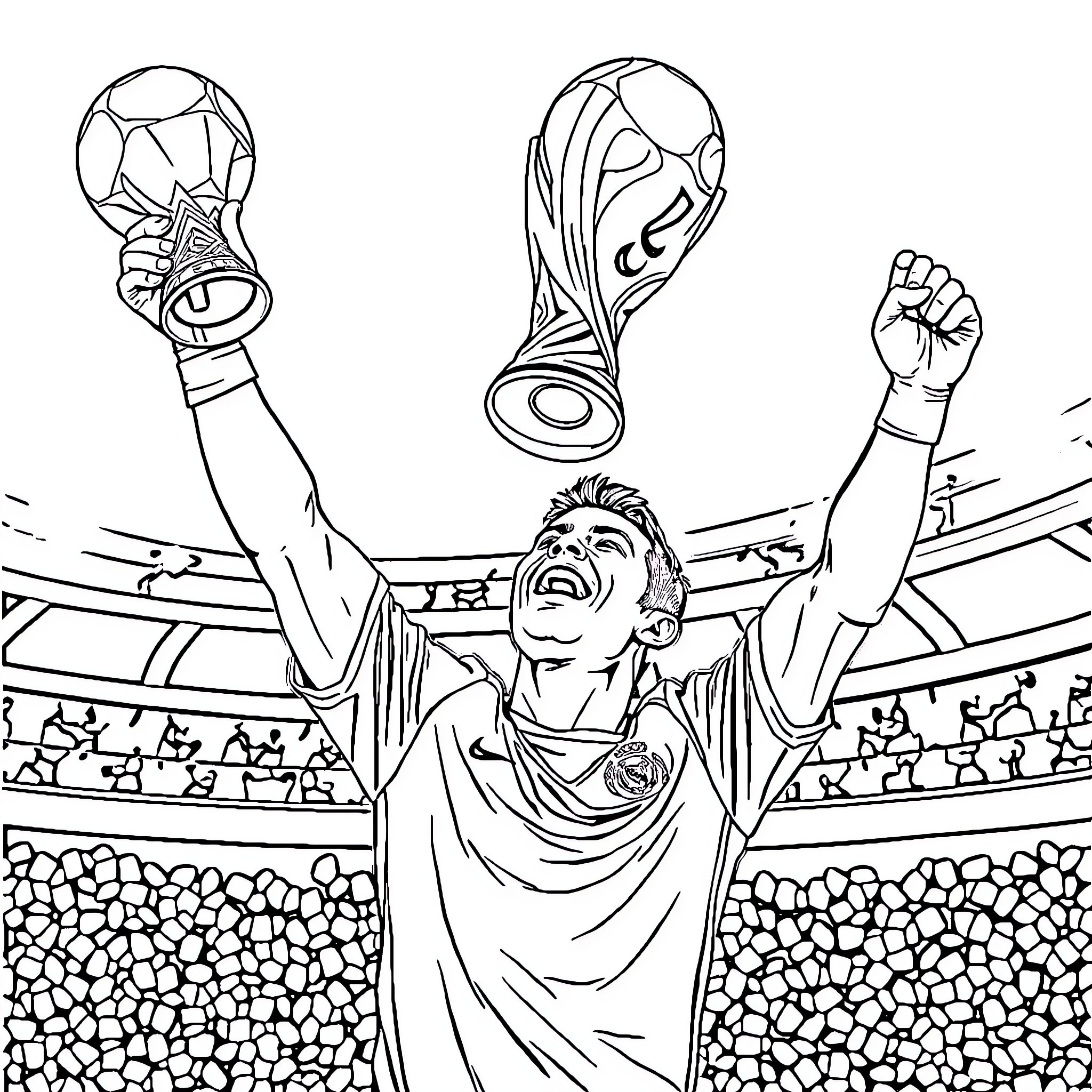 Cristiano Ronaldo Celebrating Victory with Trophy Coloring Page (free black-and-white line drawing printable PDF for all, from beginners to advanced learners, including children, teens, adults, and seniors)