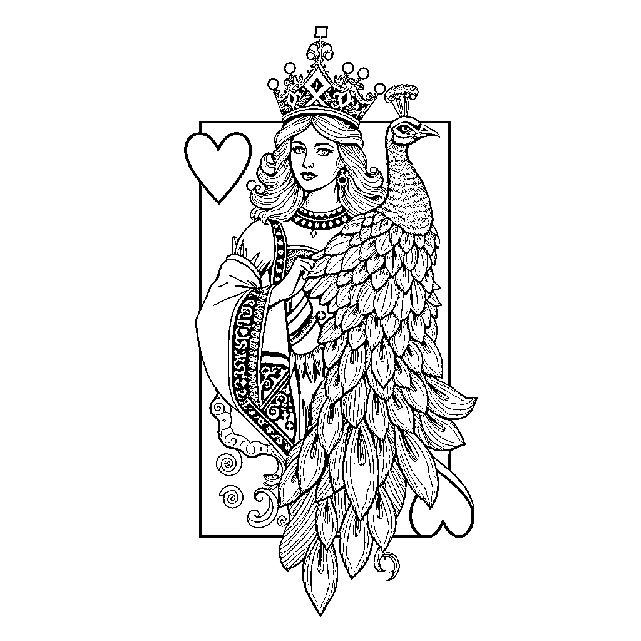 Queen of Hearts Adorned in Elaborate Dress Coloring Page (free black-and-white line drawing printable PDF for all, from beginners to advanced learners, including children, teens, adults, and seniors)