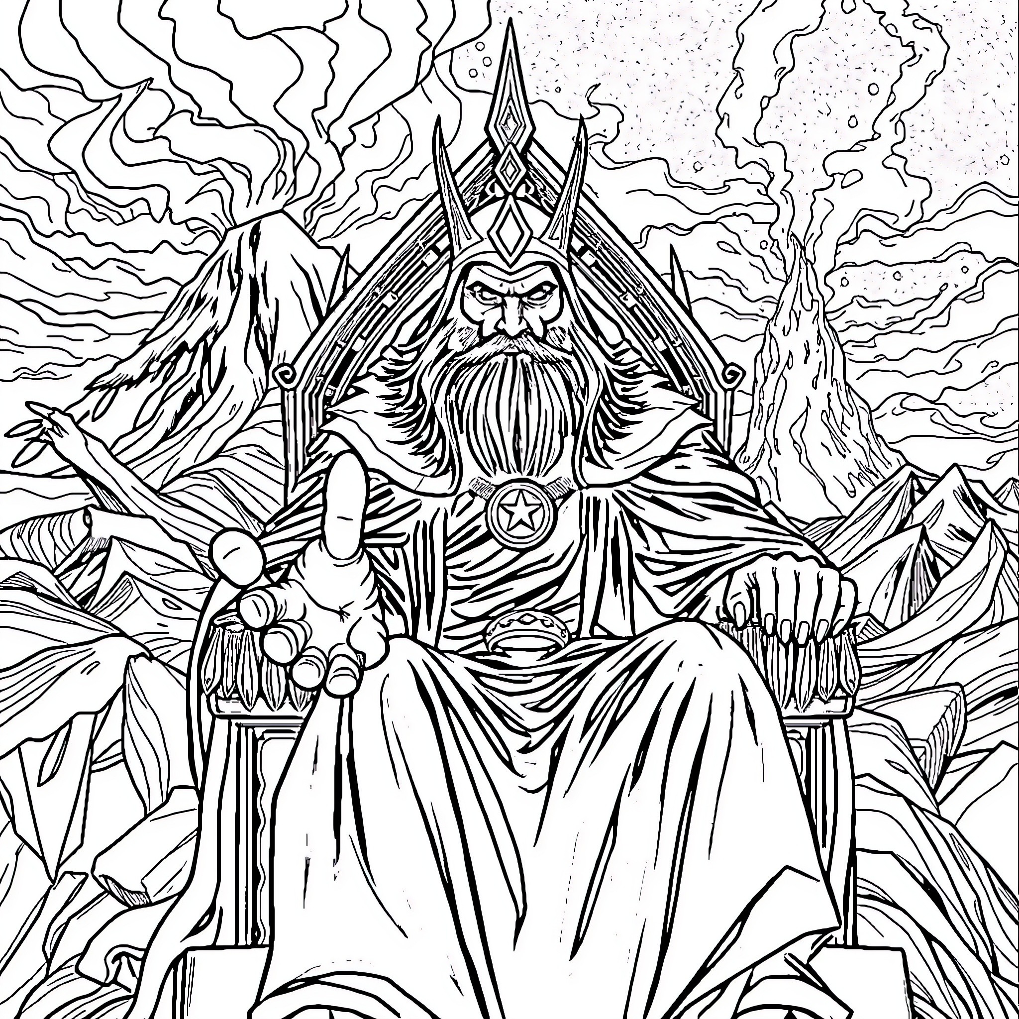 Sauron the Dark Lord on his Throne Coloring Page (free black-and-white line drawing printable PDF for all, from beginners to advanced learners, including children, teens, adults, and seniors)