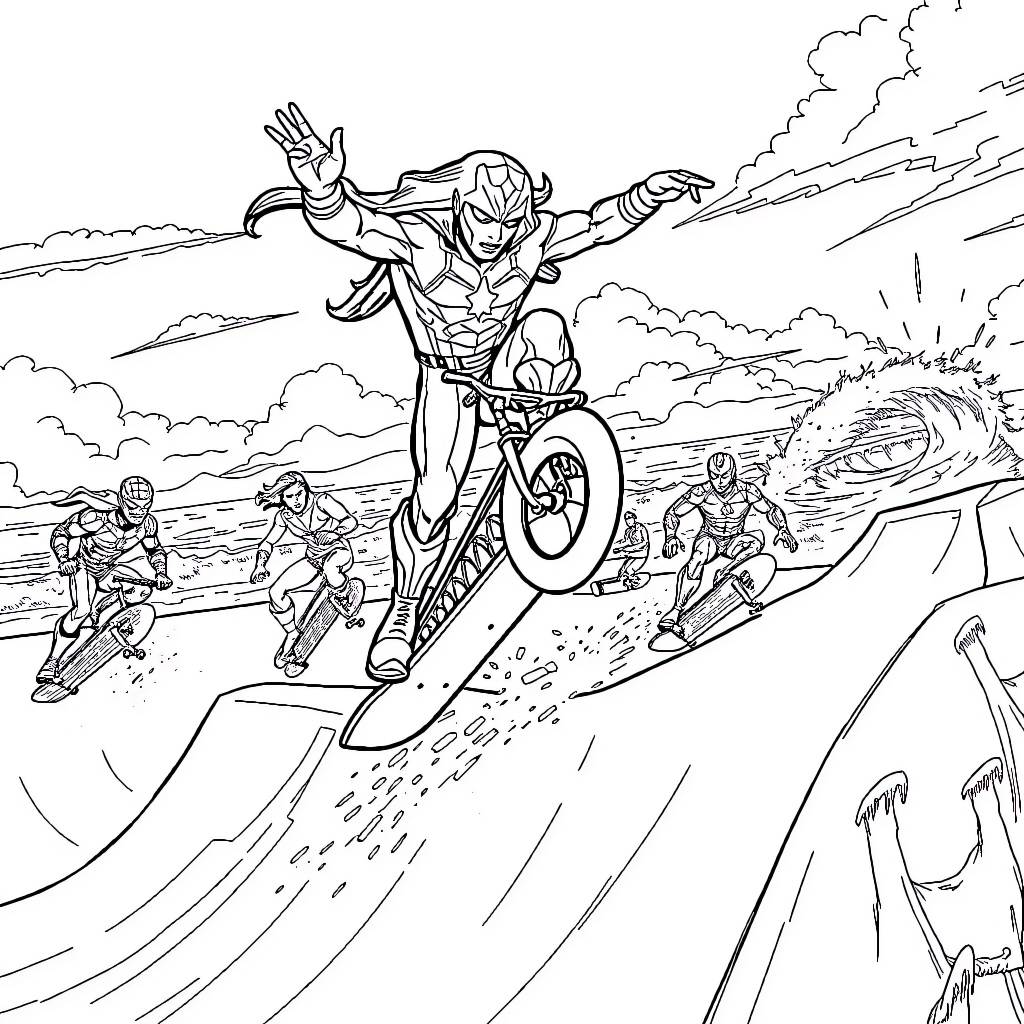 Super Hero Extreme Sports Competition Coloring Page (free black-and-white line drawing printable PDF for all, from beginners to advanced learners, including children, teens, adults, and seniors)