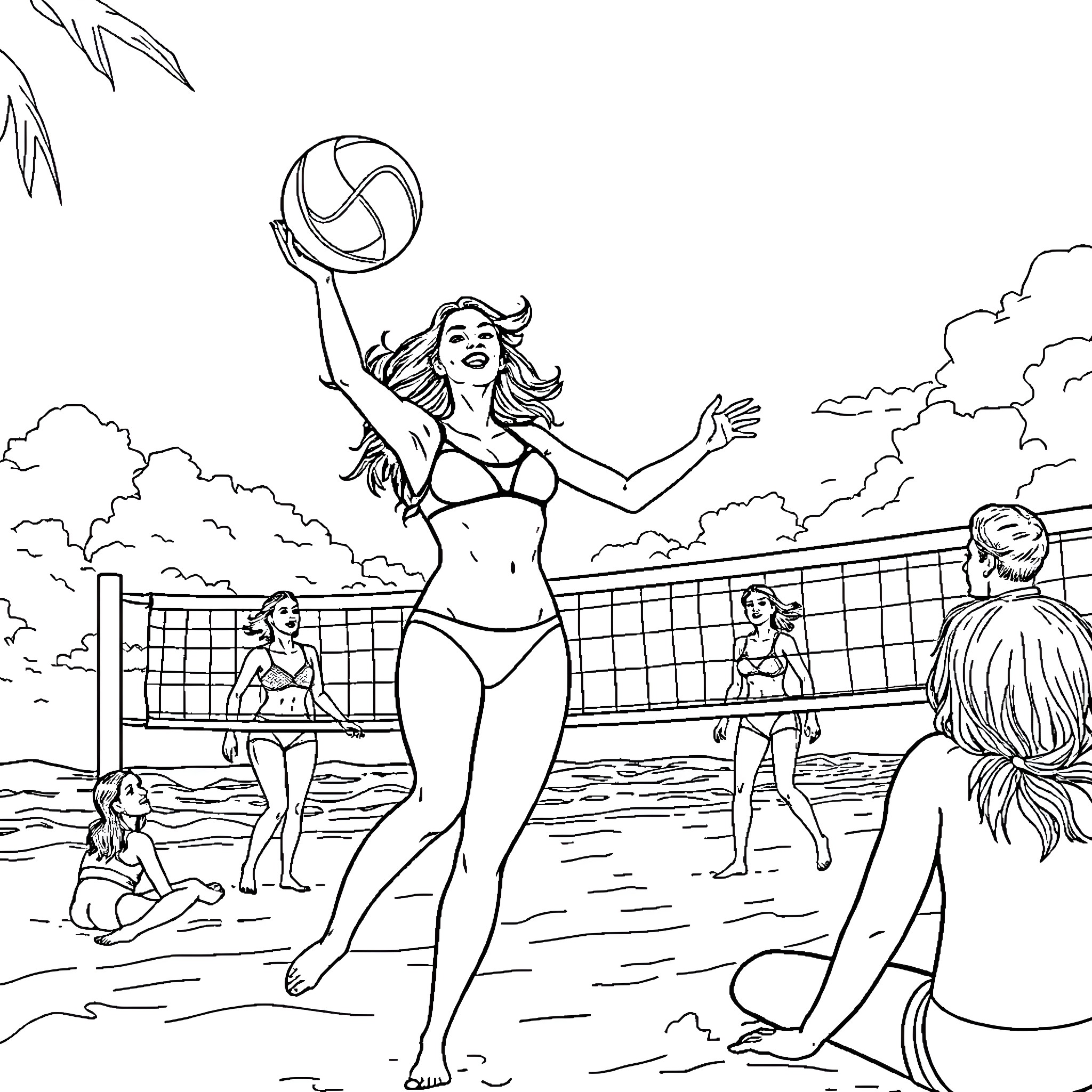 Woman enjoying a day of beach volleyball with friends Coloring Page (free black-and-white line drawing printable PDF for all, from beginners to advanced learners, including children, teens, adults, and seniors)