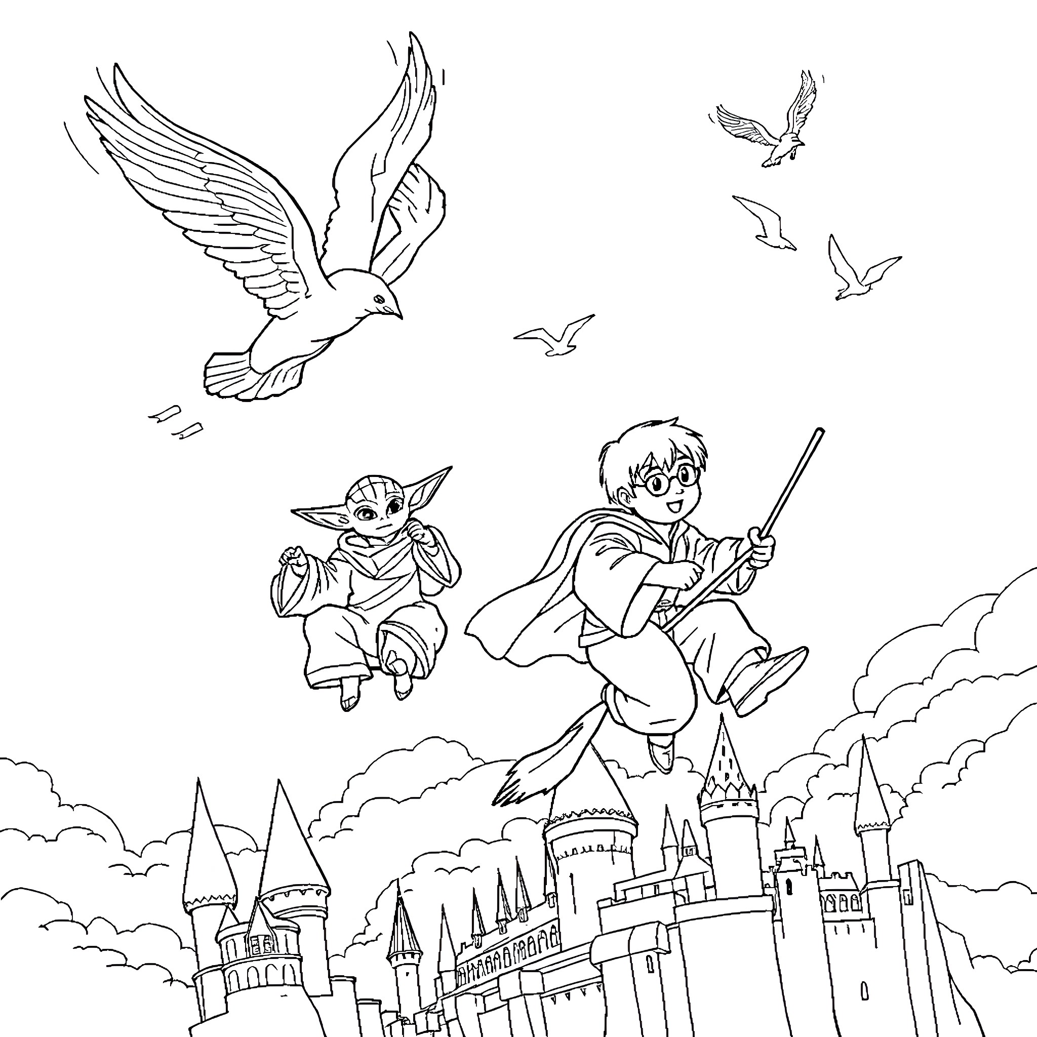 Yoda and Harry Potter explore magical castle Coloring Page (free black-and-white line drawing printable PDF for all, from beginners to advanced learners, including children, teens, adults, and seniors)