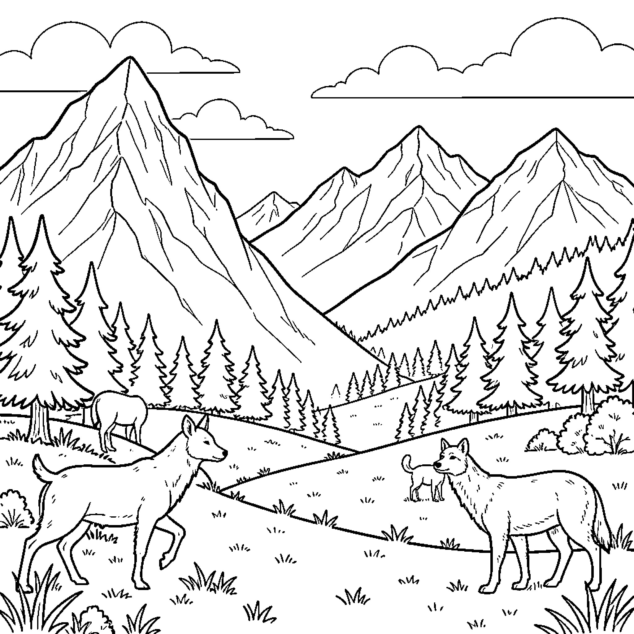 Mountain landscape with animals roaming through the forest Coloring Page (free black-and-white line drawing printable PDF for all, from beginners to advanced learners, including children, teens, adults, and seniors)