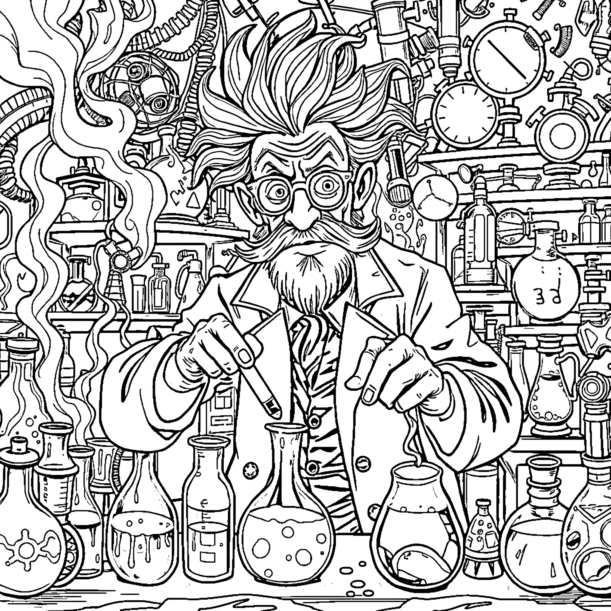 Scientist conducting complex experiments in laboratory Coloring Page (free black-and-white line drawing printable PDF for all, from beginners to advanced learners, including children, teens, adults, and seniors)