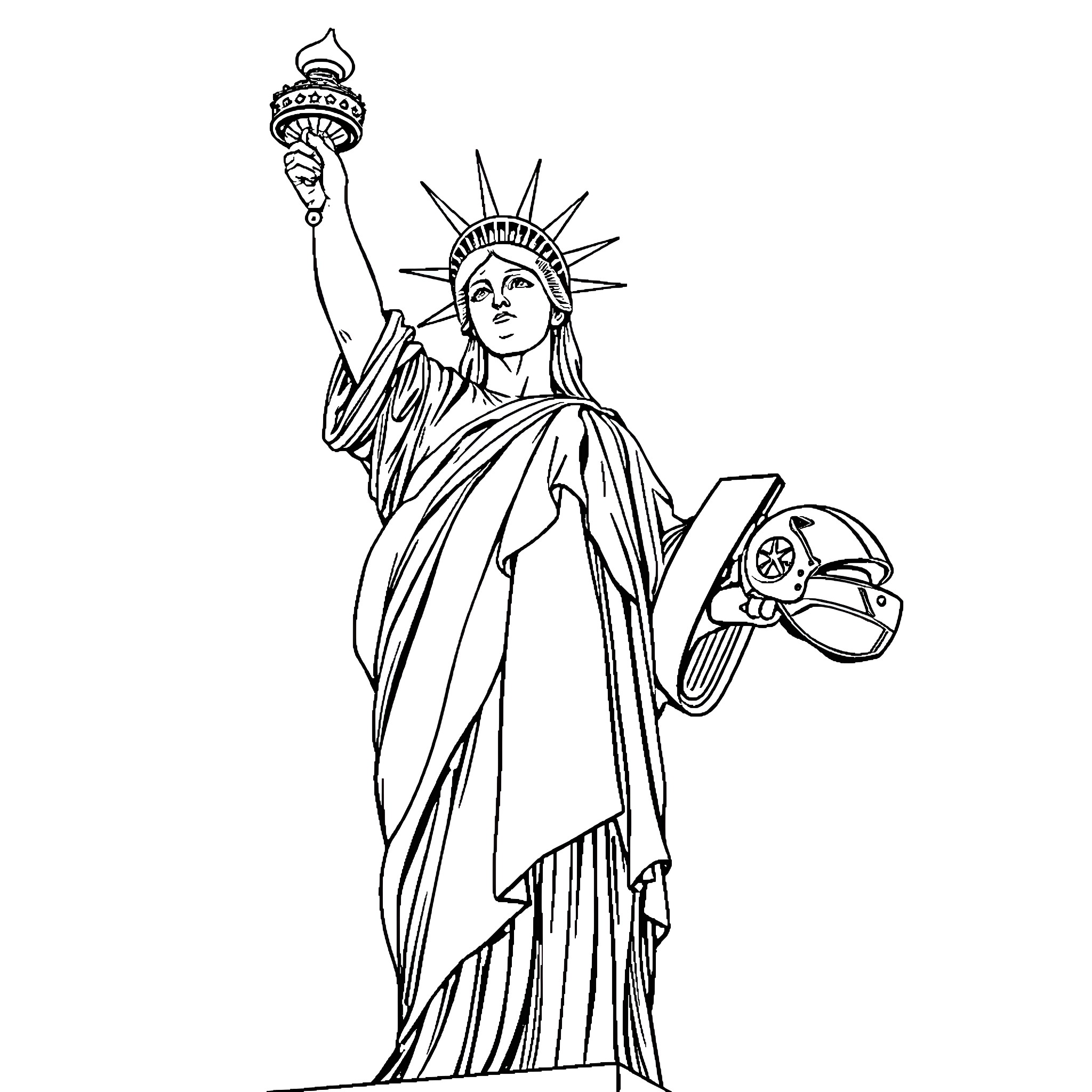 Statue Of Liberty holding a torch and a mechanical device Coloring Page (free black-and-white line drawing printable PDF for all, from beginners to advanced learners, including children, teens, adults, and seniors)