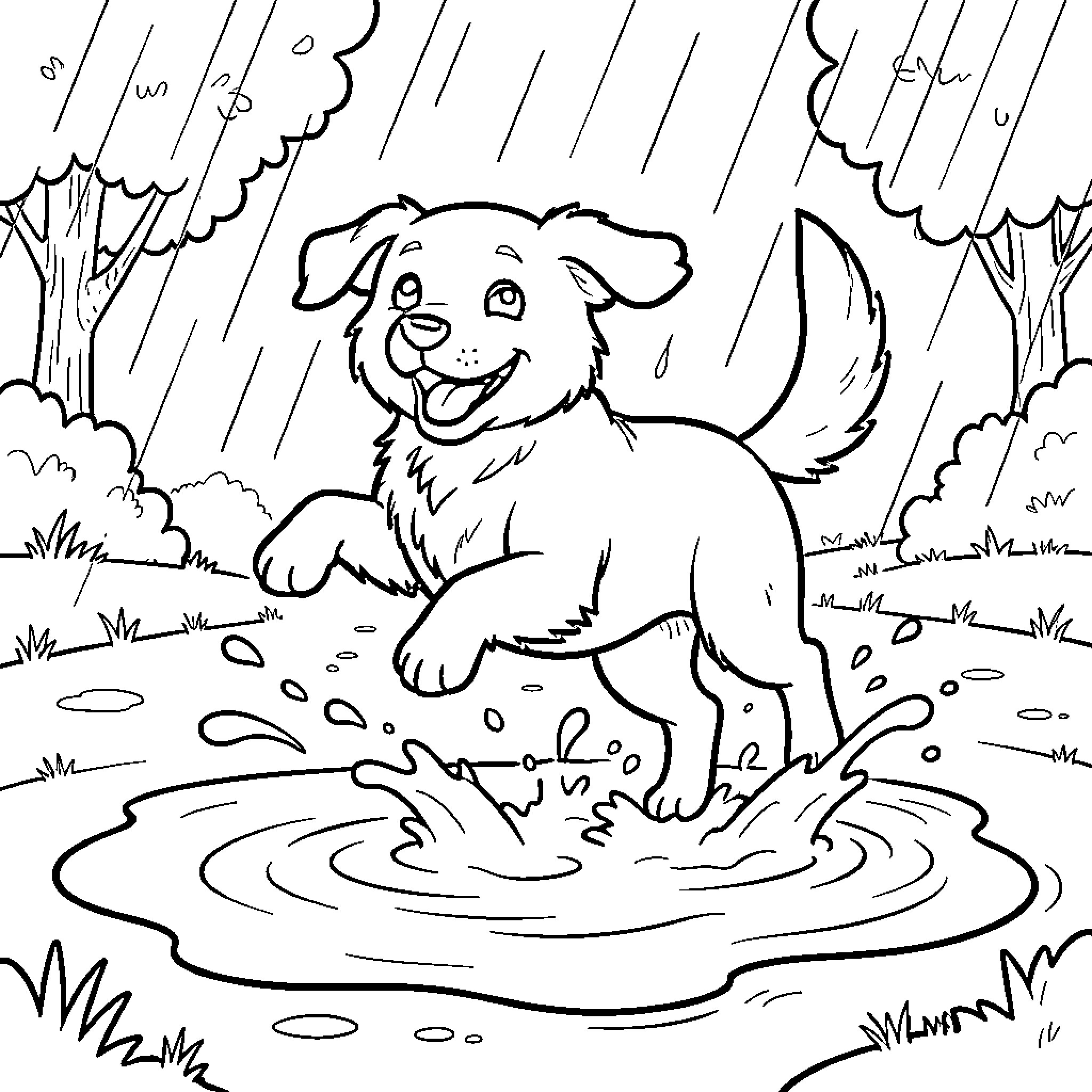 Dog playing joyfully in the rain Coloring Page (free black-and-white line drawing printable PDF for all, from beginners to advanced learners, including children, teens, adults, and seniors)