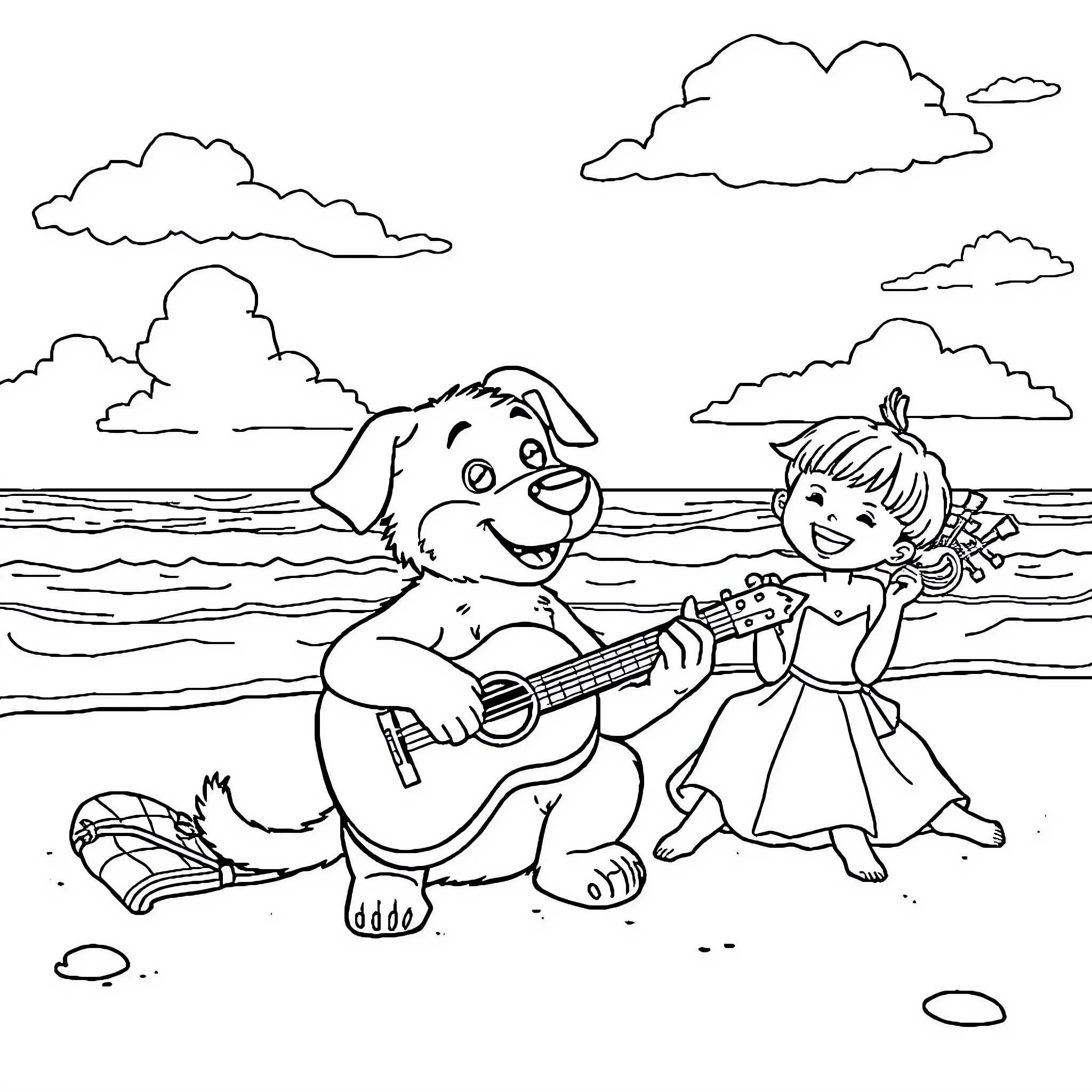 Bluey and Bingo enjoy beach time with guitar Coloring Page (free black-and-white line drawing printable PDF for all, from beginners to advanced learners, including children, teens, adults, and seniors)