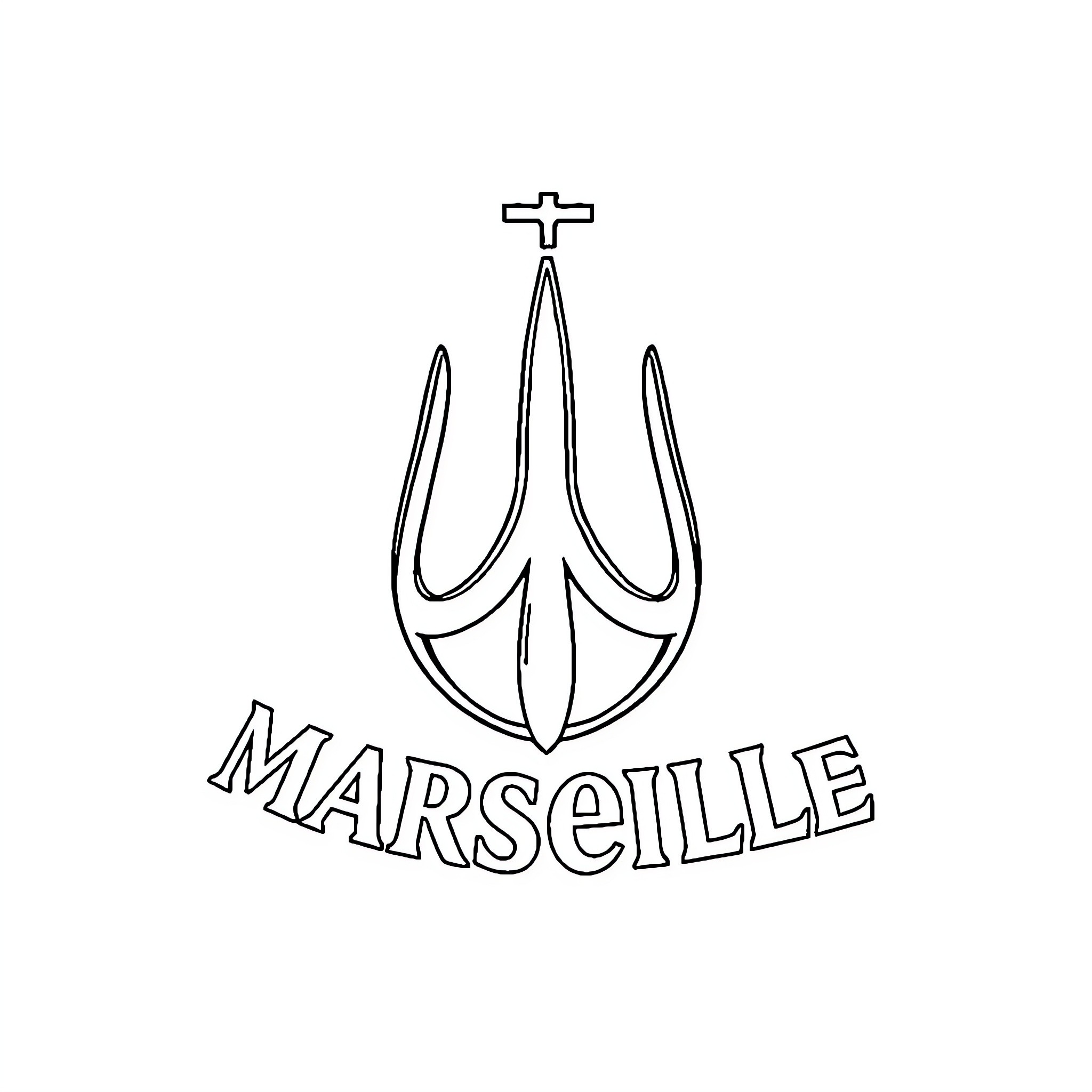 Marseille Logo with Trident Symbol Coloring Page (free black-and-white line drawing printable PDF for all, from beginners to advanced learners, including children, teens, adults, and seniors)