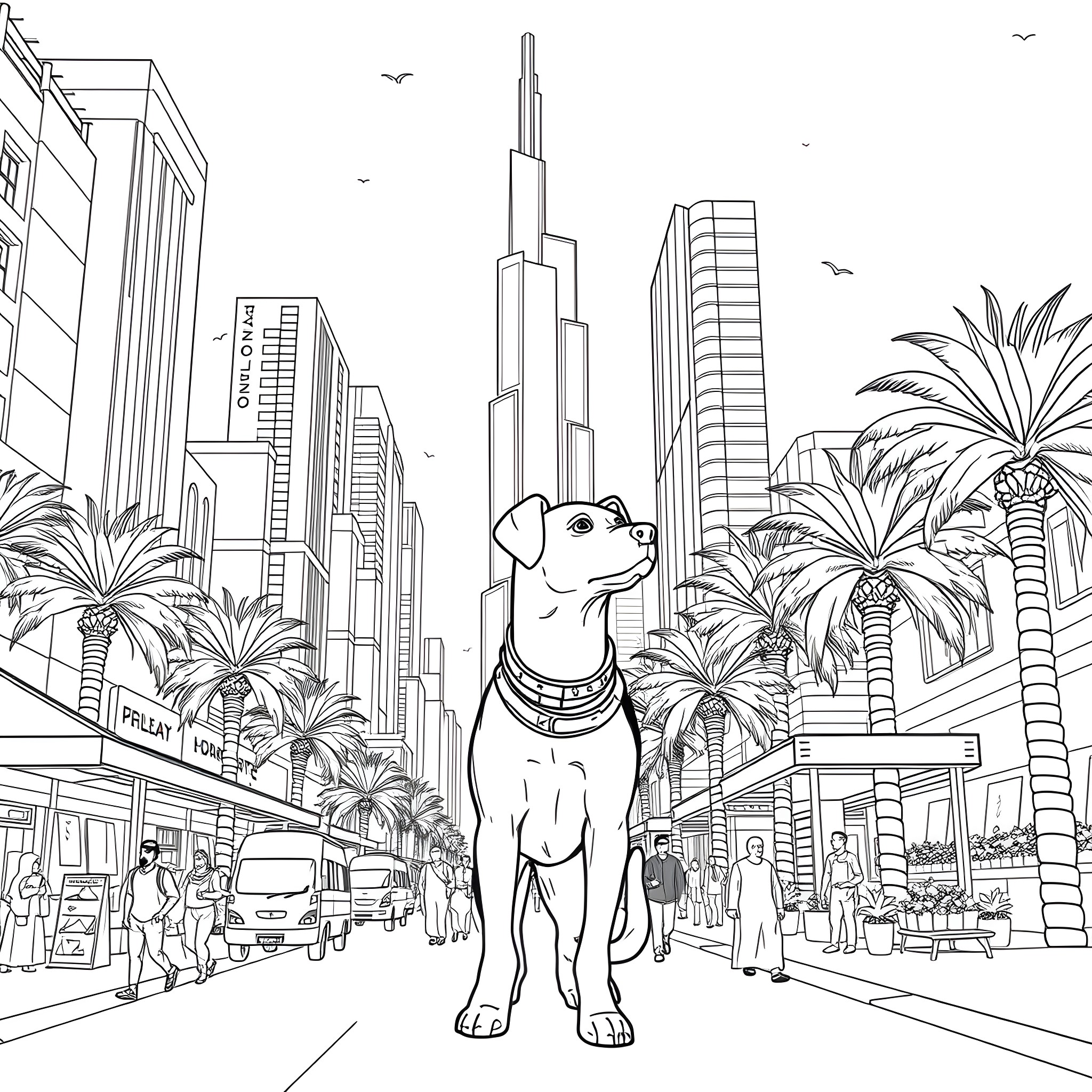 Dog Man explores the bustling city skyline Coloring Page (free black-and-white line drawing printable PDF for all, from beginners to advanced learners, including children, teens, adults, and seniors)