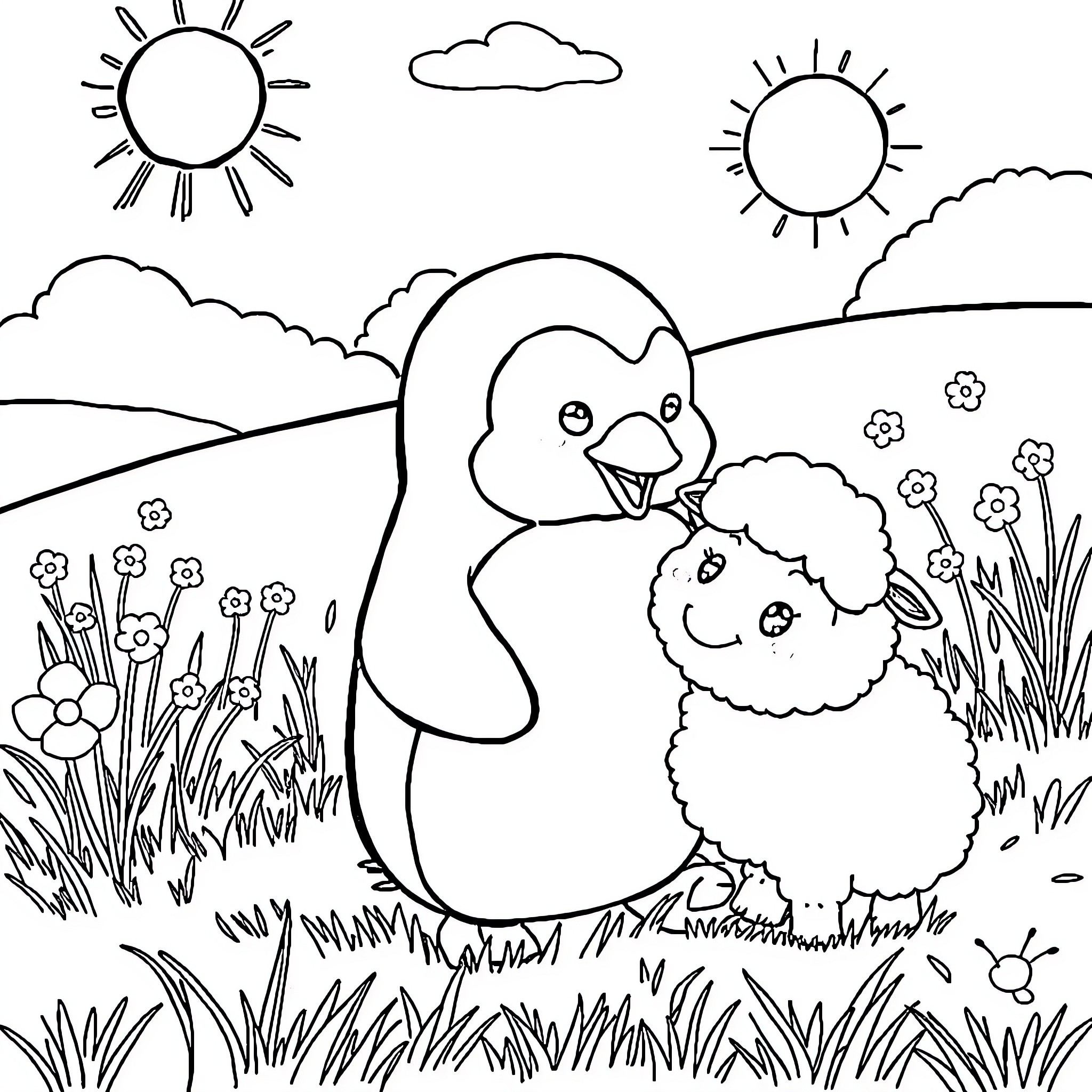 Tchoupi playing with fluffy chick in flowery meadow Coloring Page (free black-and-white line drawing printable PDF for all, from beginners to advanced learners, including children, teens, adults, and seniors)