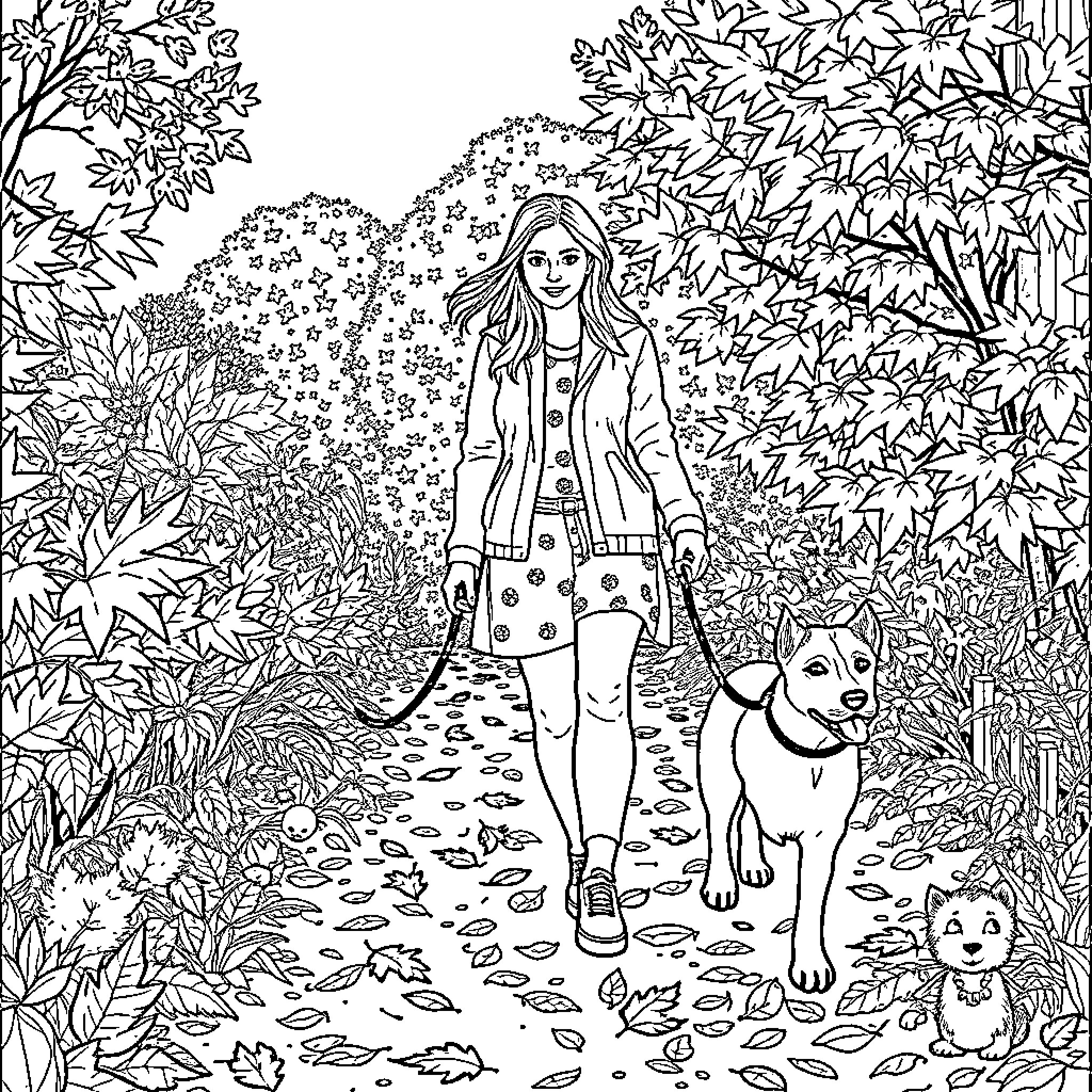 Hond Strolling through Autumn Foliage with Dog Coloring Page (free black-and-white line drawing printable PDF for all, from beginners to advanced learners, including children, teens, adults, and seniors)