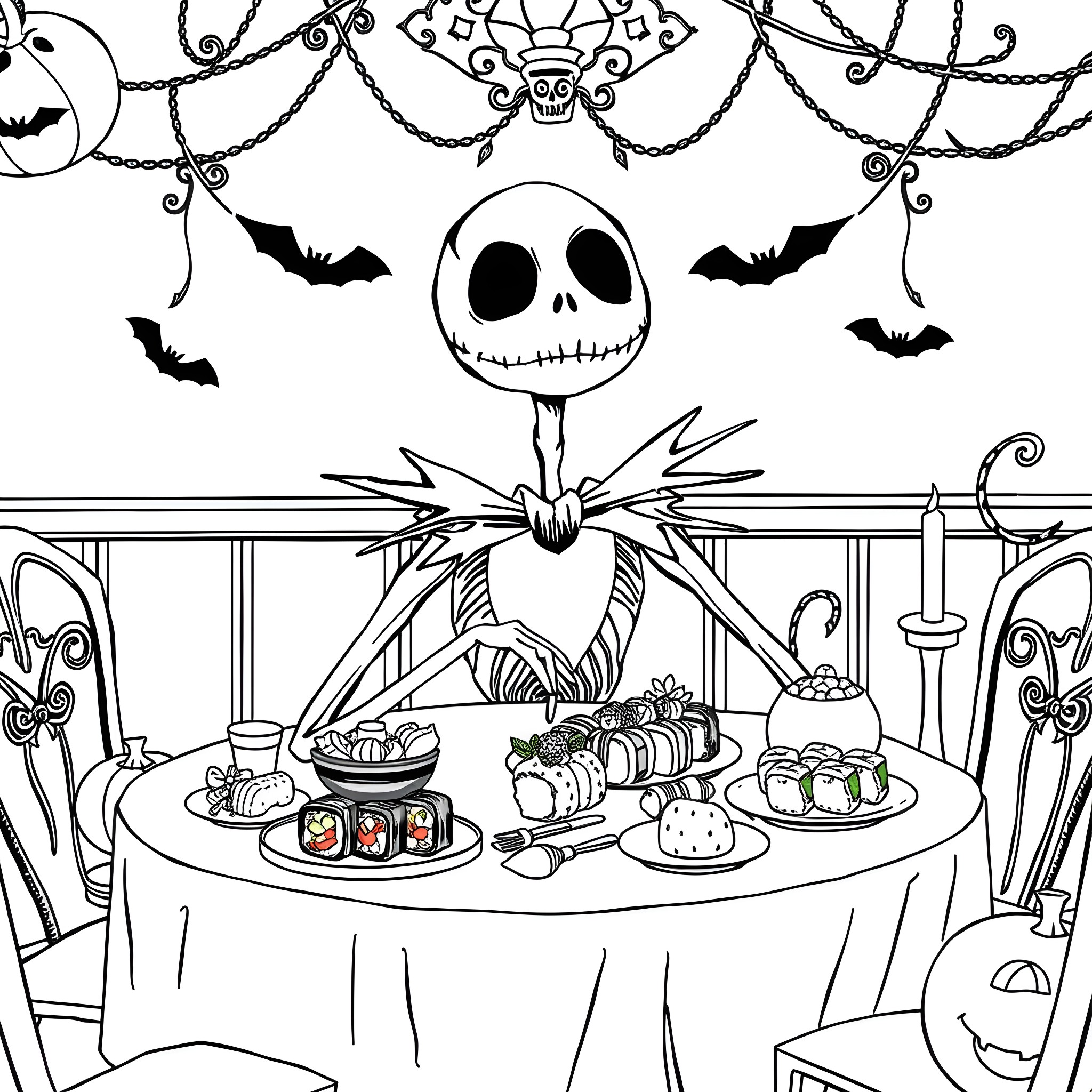 Jack Skellington enjoying a spooky Halloween feast Coloring Page (free black-and-white line drawing printable PDF for all, from beginners to advanced learners, including children, teens, adults, and seniors)
