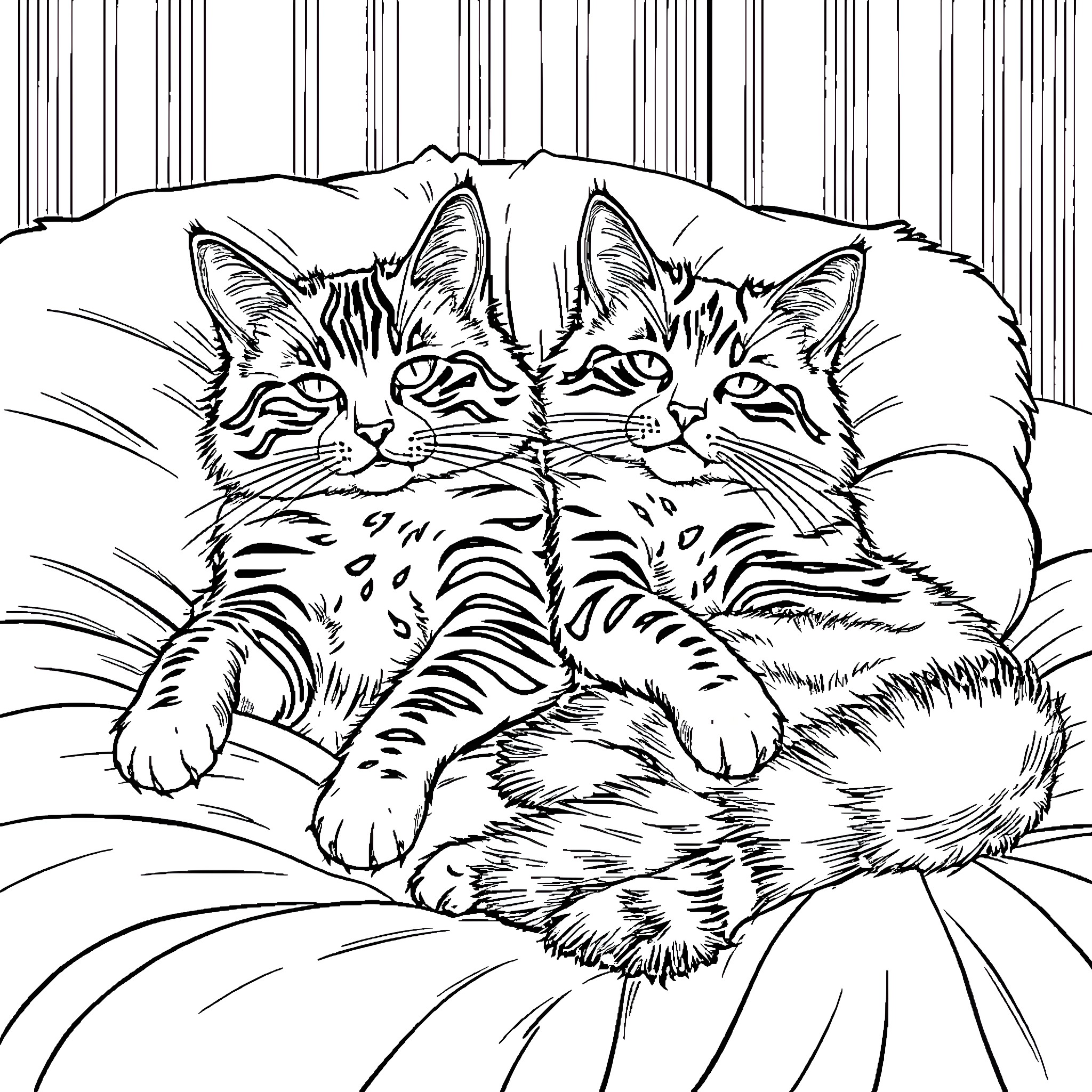 Maine Coon kittens cuddling in cozy nest Coloring Page (free black-and-white line drawing printable PDF for all, from beginners to advanced learners, including children, teens, adults, and seniors)