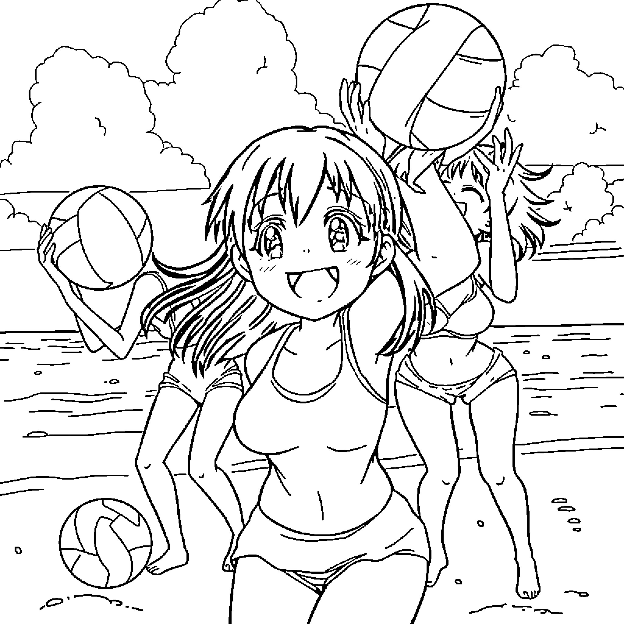 Mitsuri enjoying a day at the beach with sports Coloring Page (free black-and-white line drawing printable PDF for all, from beginners to advanced learners, including children, teens, adults, and seniors)