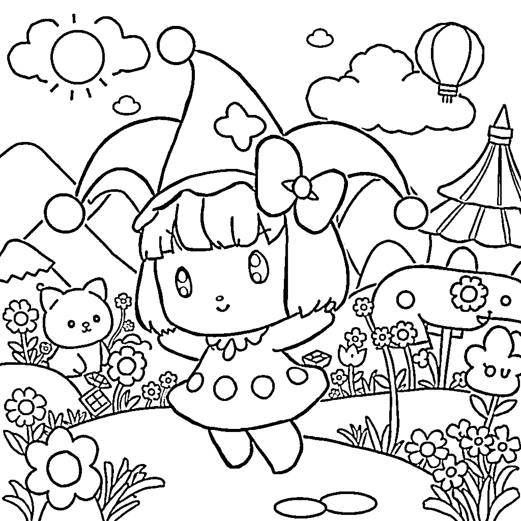 Kuromi enjoying a whimsical outdoor adventure Coloring Page (free black-and-white line drawing printable PDF for all, from beginners to advanced learners, including children, teens, adults, and seniors)