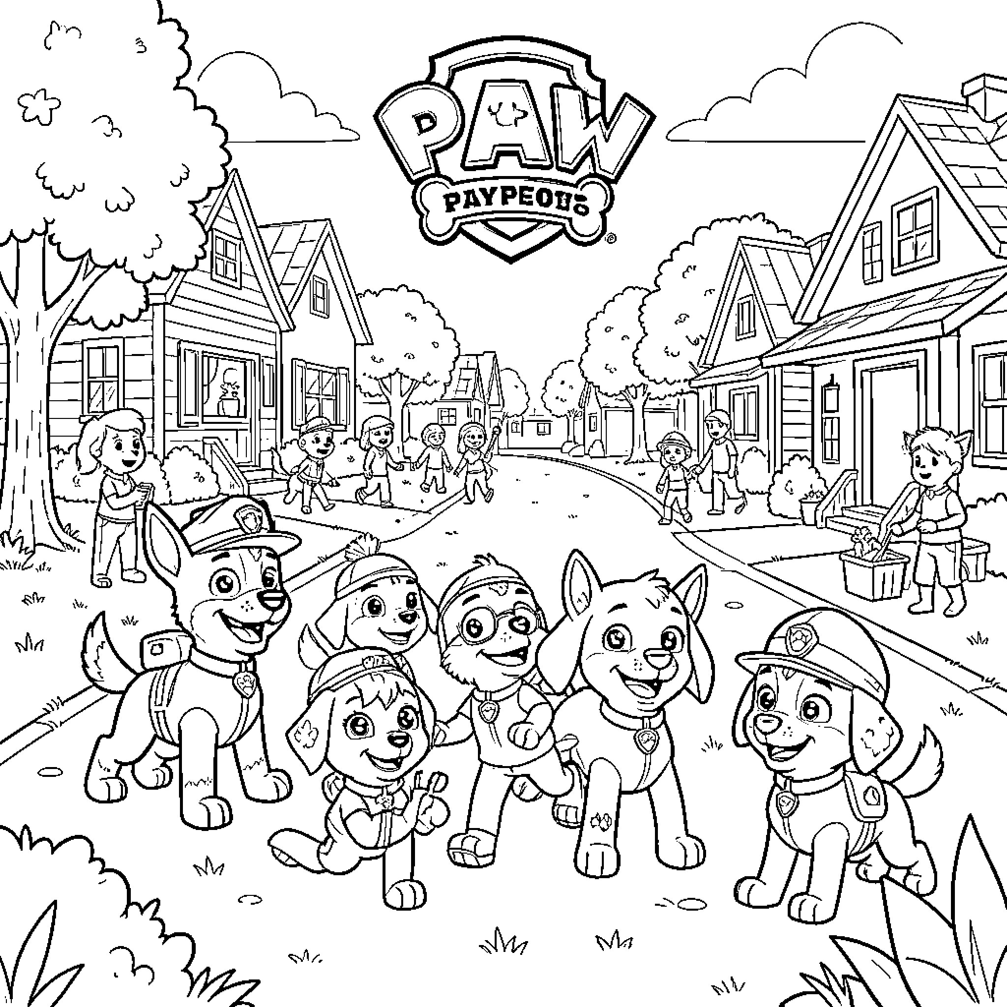 Paw Patrol pups playing together in a neighborhood Coloring Page (free black-and-white line drawing printable PDF for all, from beginners to advanced learners, including children, teens, adults, and seniors)