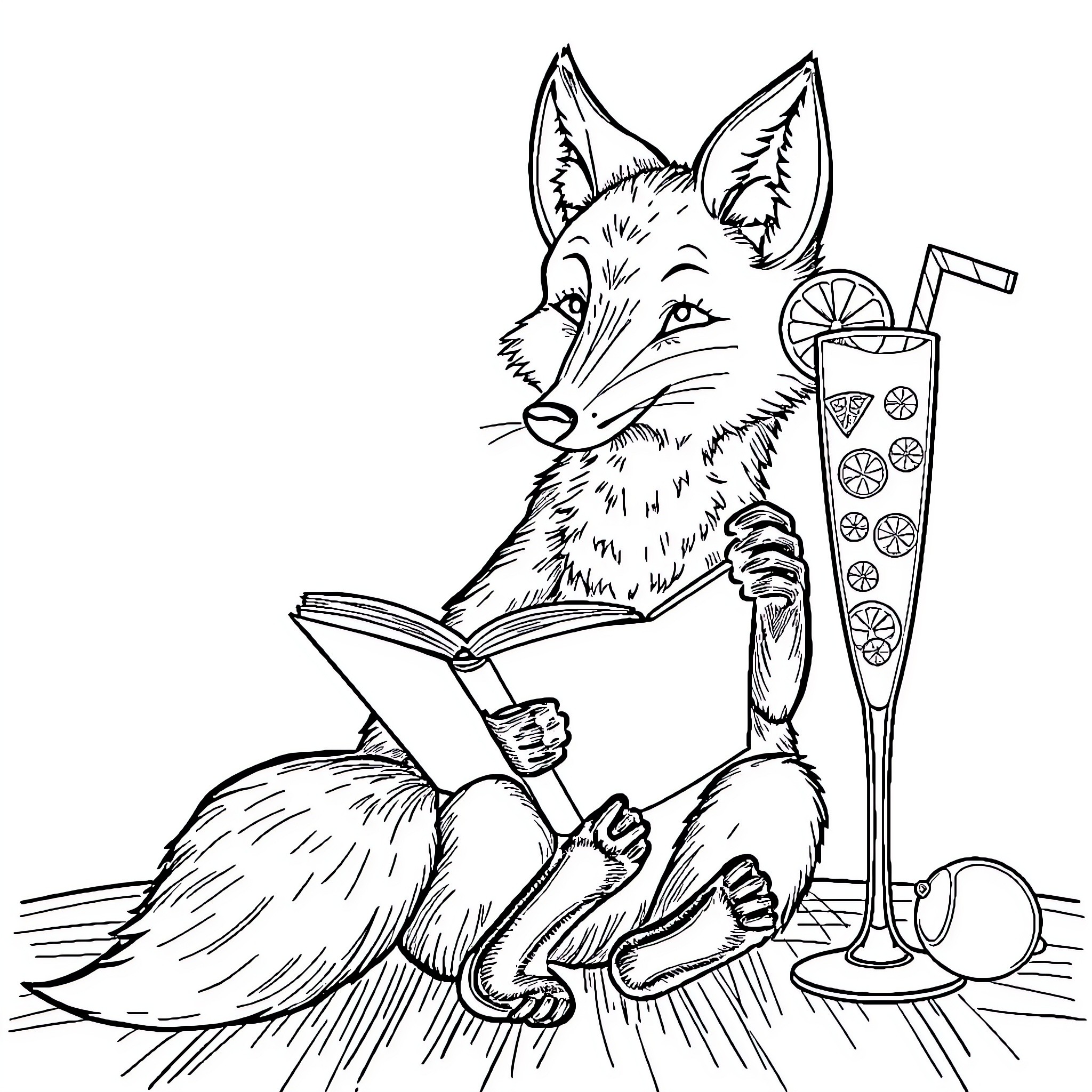Fox relaxing with a cool drink and a book Coloring Page (free black-and-white line drawing printable PDF for all, from beginners to advanced learners, including children, teens, adults, and seniors)