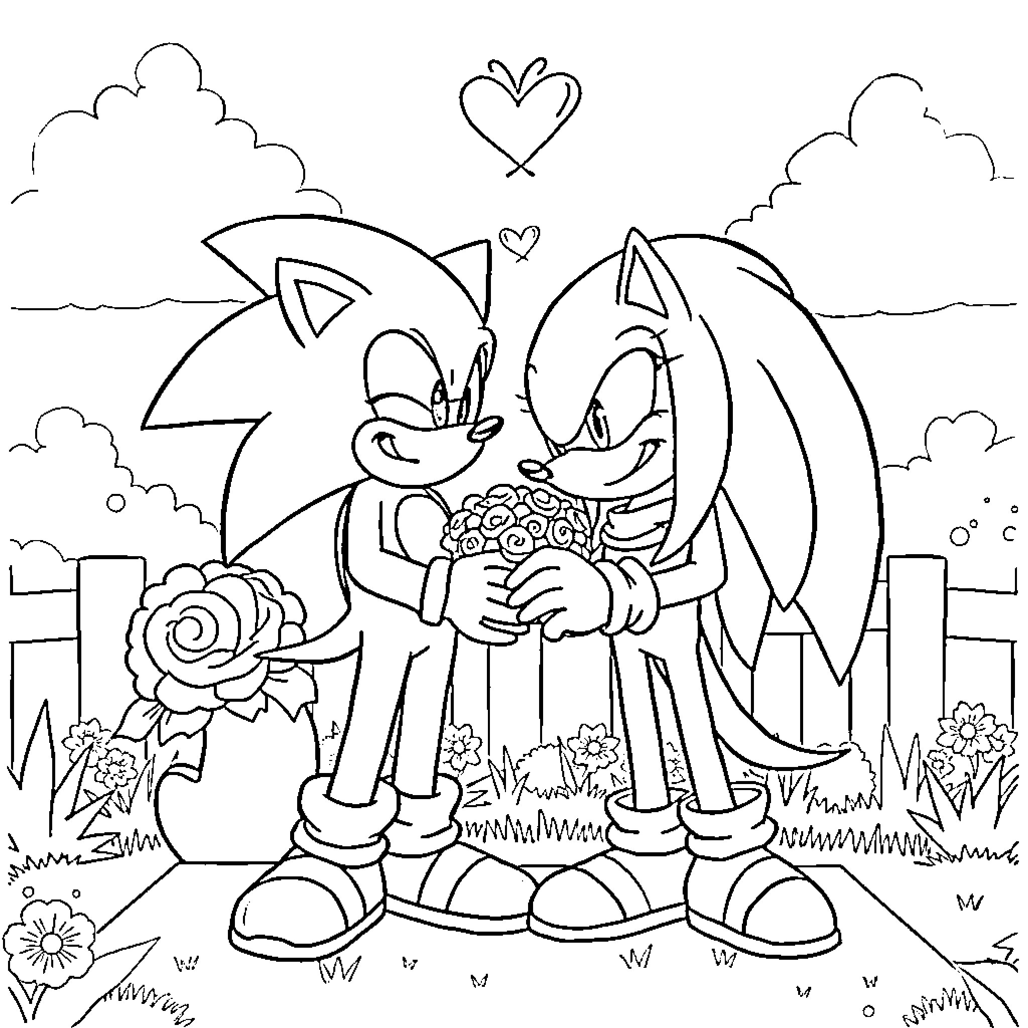 Sonic characters sharing a heartwarming moment Coloring Page (free black-and-white line drawing printable PDF for all, from beginners to advanced learners, including children, teens, adults, and seniors)