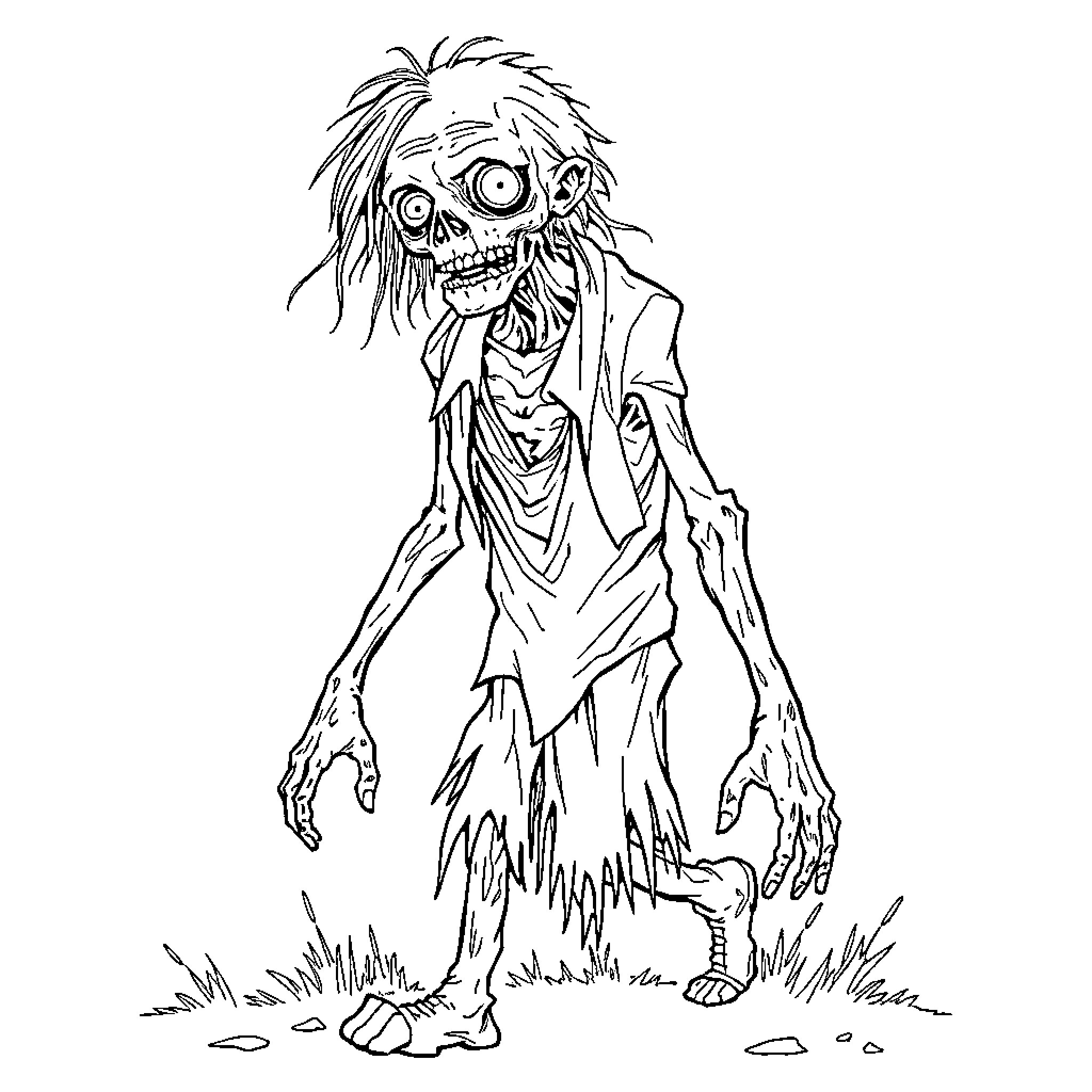 Zombie Wandering in the Eerie Landscape Coloring Page (free black-and-white line drawing printable PDF for all, from beginners to advanced learners, including children, teens, adults, and seniors)
