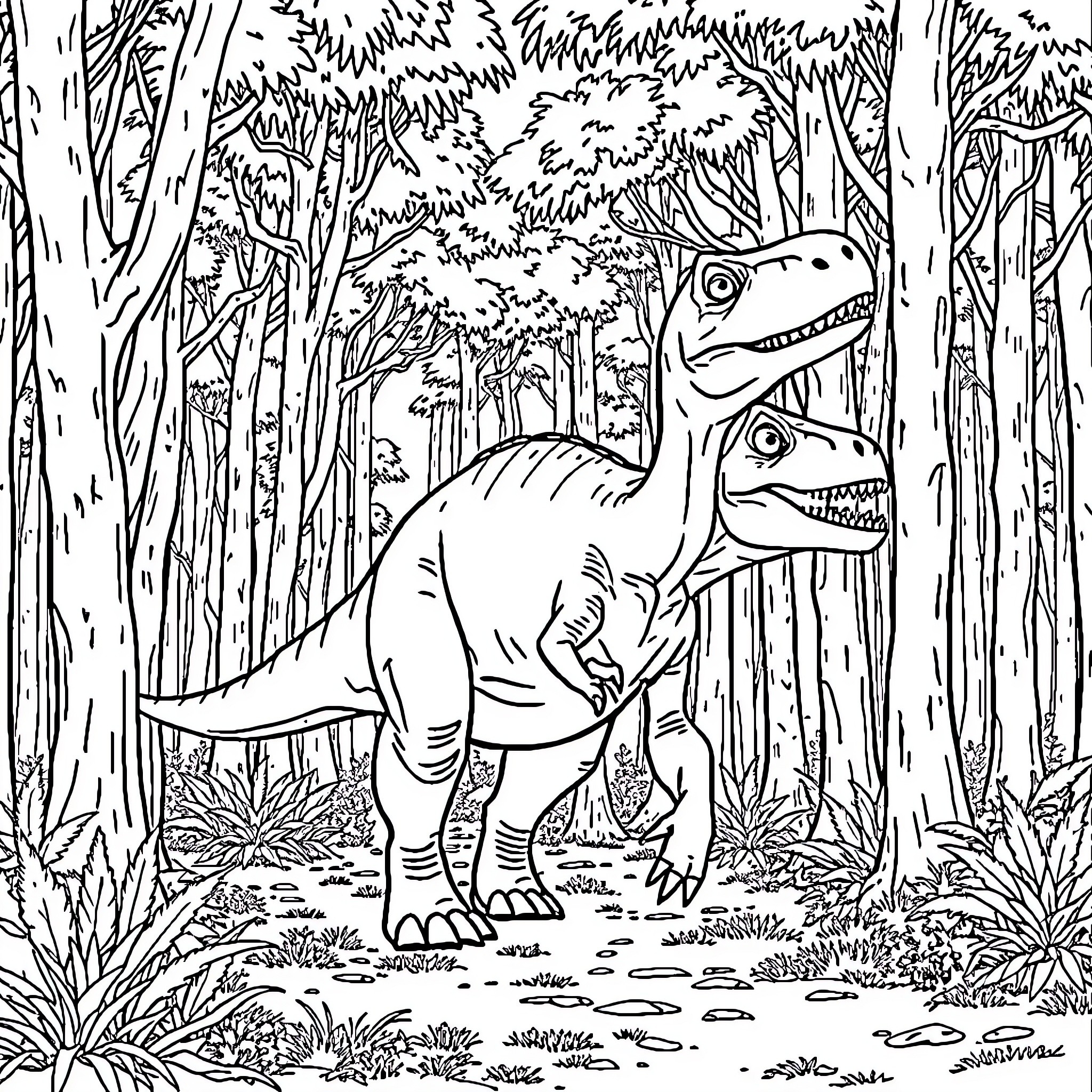 Dinosaur duo exploring the forest wilderness Coloring Page (free black-and-white line drawing printable PDF for all, from beginners to advanced learners, including children, teens, adults, and seniors)