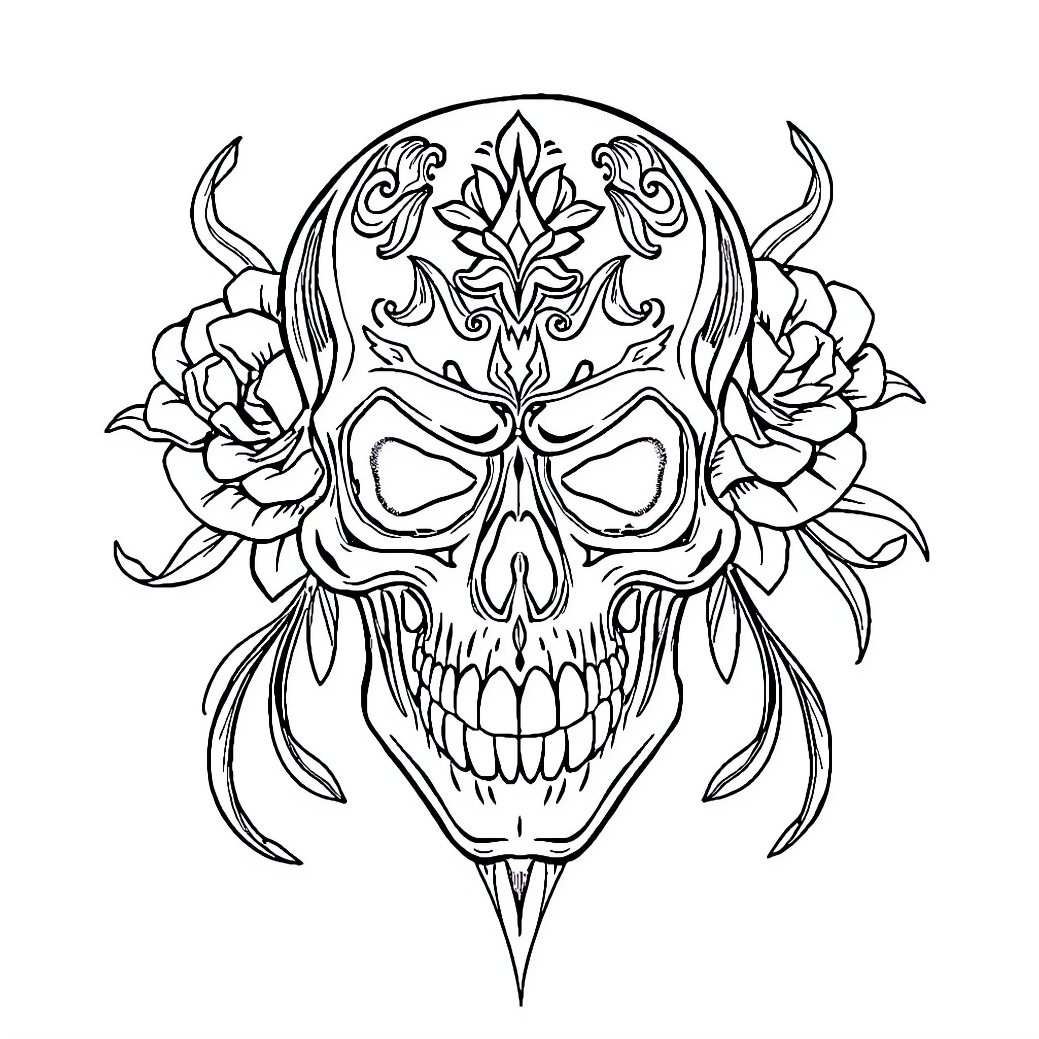 Skull adorned with ornate floral elements Coloring Page (free black-and-white line drawing printable PDF for all, from beginners to advanced learners, including children, teens, adults, and seniors)