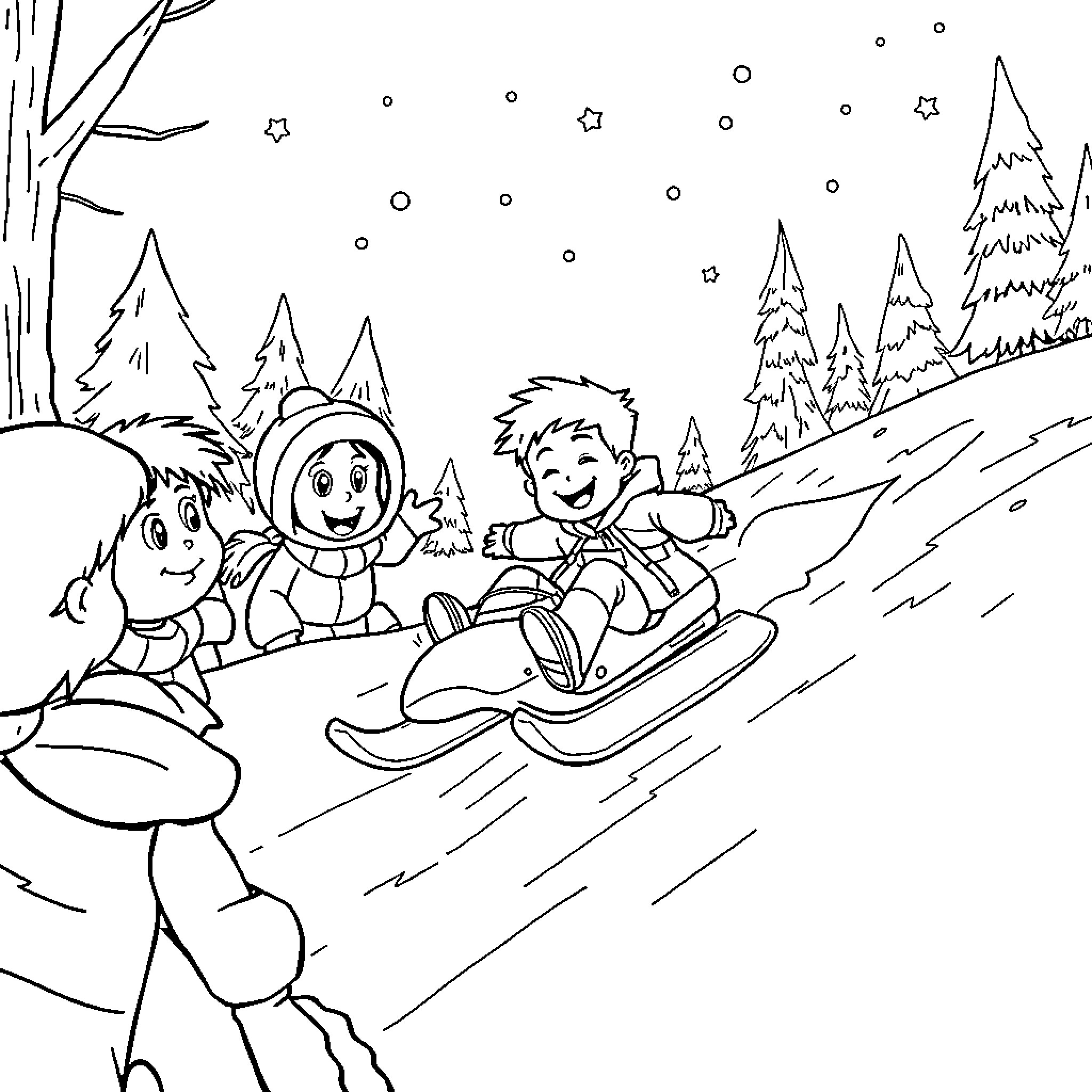 Kids sledding down a snowy hill Coloring Page (free black-and-white line drawing printable PDF for all, from beginners to advanced learners, including children, teens, adults, and seniors)